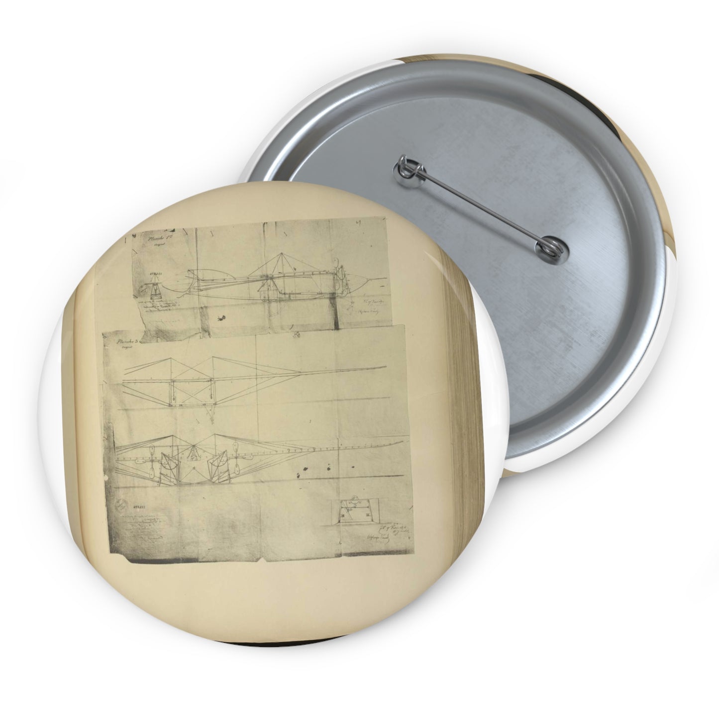 Patent drawing - Planche I et II du brevet n° 111.574 pris en France le 16 février 1876, par Penaud et Gauchot, pour «Un aéro-plane ou appareil aérien volant». Public domain image Pin Buttons with Crisp Design