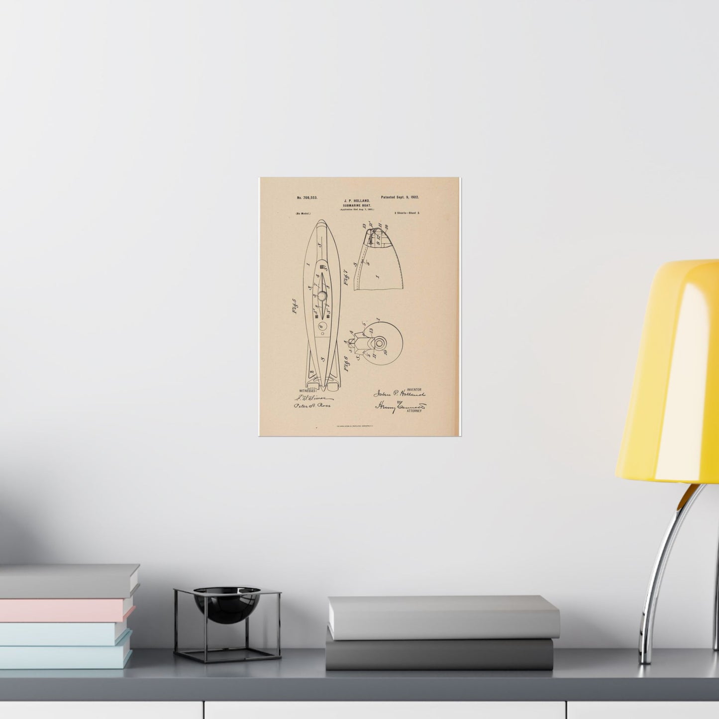 Patent drawing - Drawing for a Submarine Boat Public domain image High Quality Matte Wall Art Poster for Home, Office, Classroom