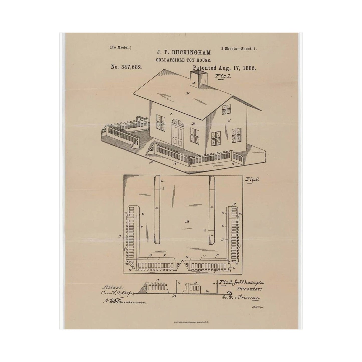 Patent Drawing of Engine - Drawing for a Collapsible Toy House Public domain image High Quality Matte Wall Art Poster for Home, Office, Classroom