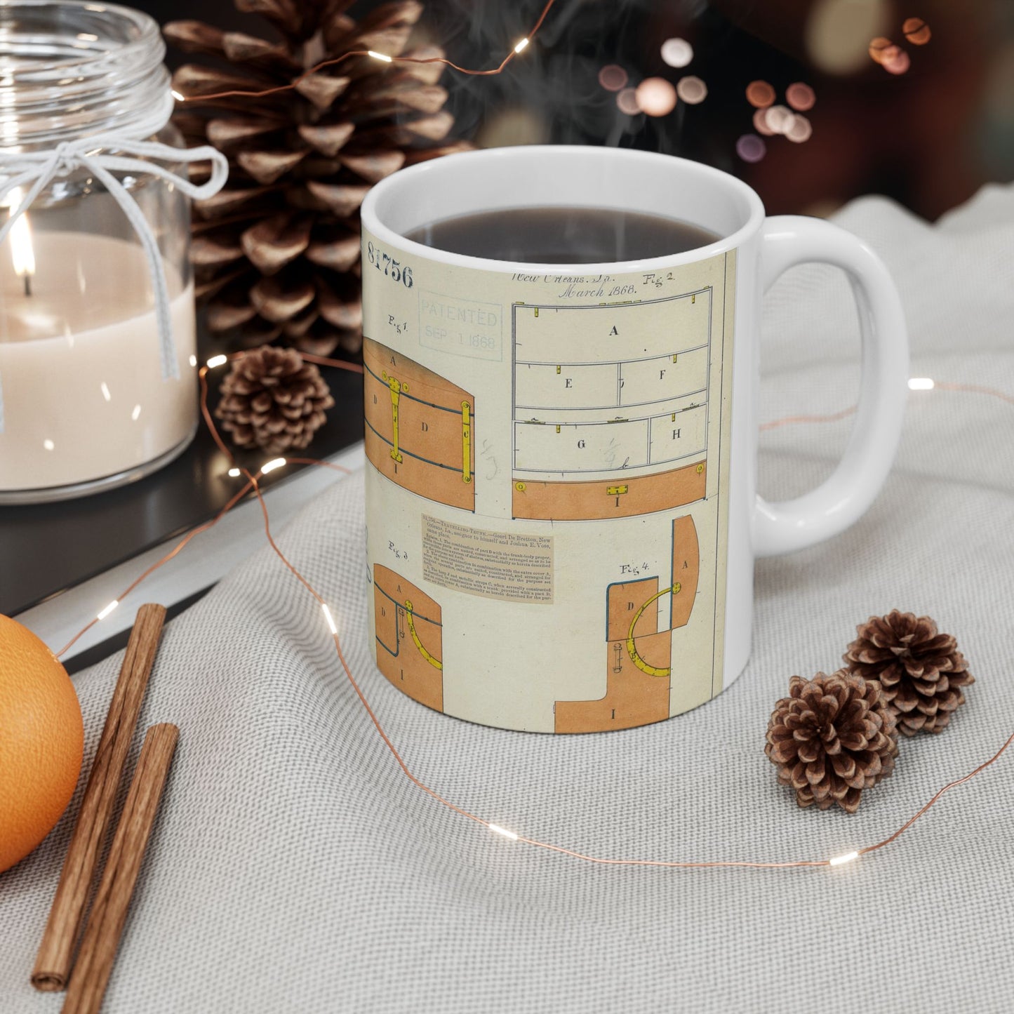 Patent drawing - Drawing of an Improved Traveling Trunk Public domain image Beautiful Novelty Ceramic Coffee Mug 11oz