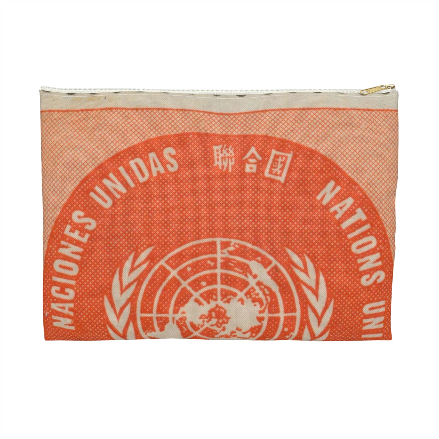 Frimärke ur Gösta Bodmans filatelistiska motivsamling, påbörjad 1950.Frimärke från Nations Unies 1958. Motiv av F. N.- märket. Large Organizer Pouch with Black Zipper