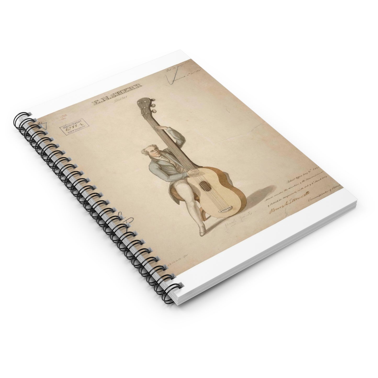 Patent drawing - Drawing of a Harp Guitar Public domain image Spiral Bound Ruled Notebook with Printed Cover