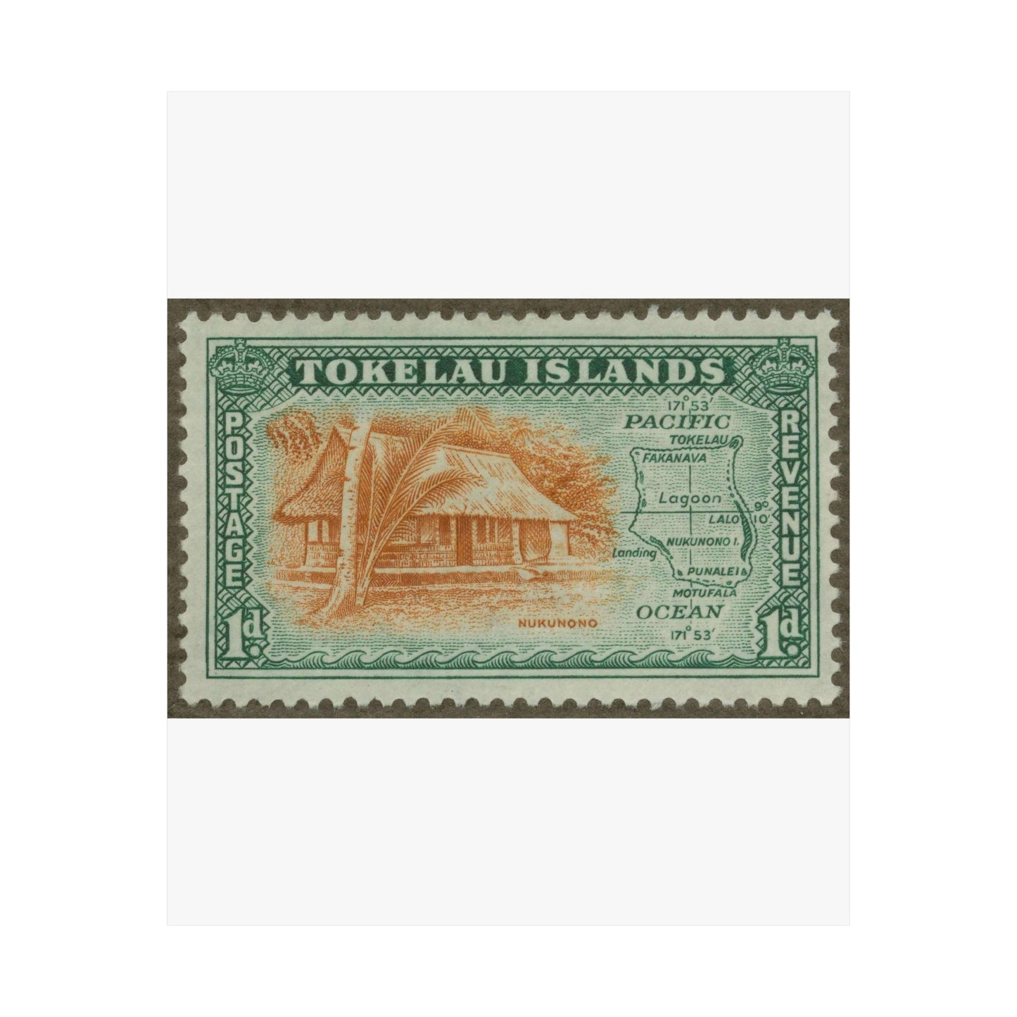 Frimärke ur Gösta Bodmans filatelistiska motivsamling, påbörjad 1950.Frimärke från Tokelau-öarna, 1948. Motiv av hydda från ön Nokonono samt karta över Tokelau-öarna. High Quality Matte Wall Art Poster for Home, Office, Classroom