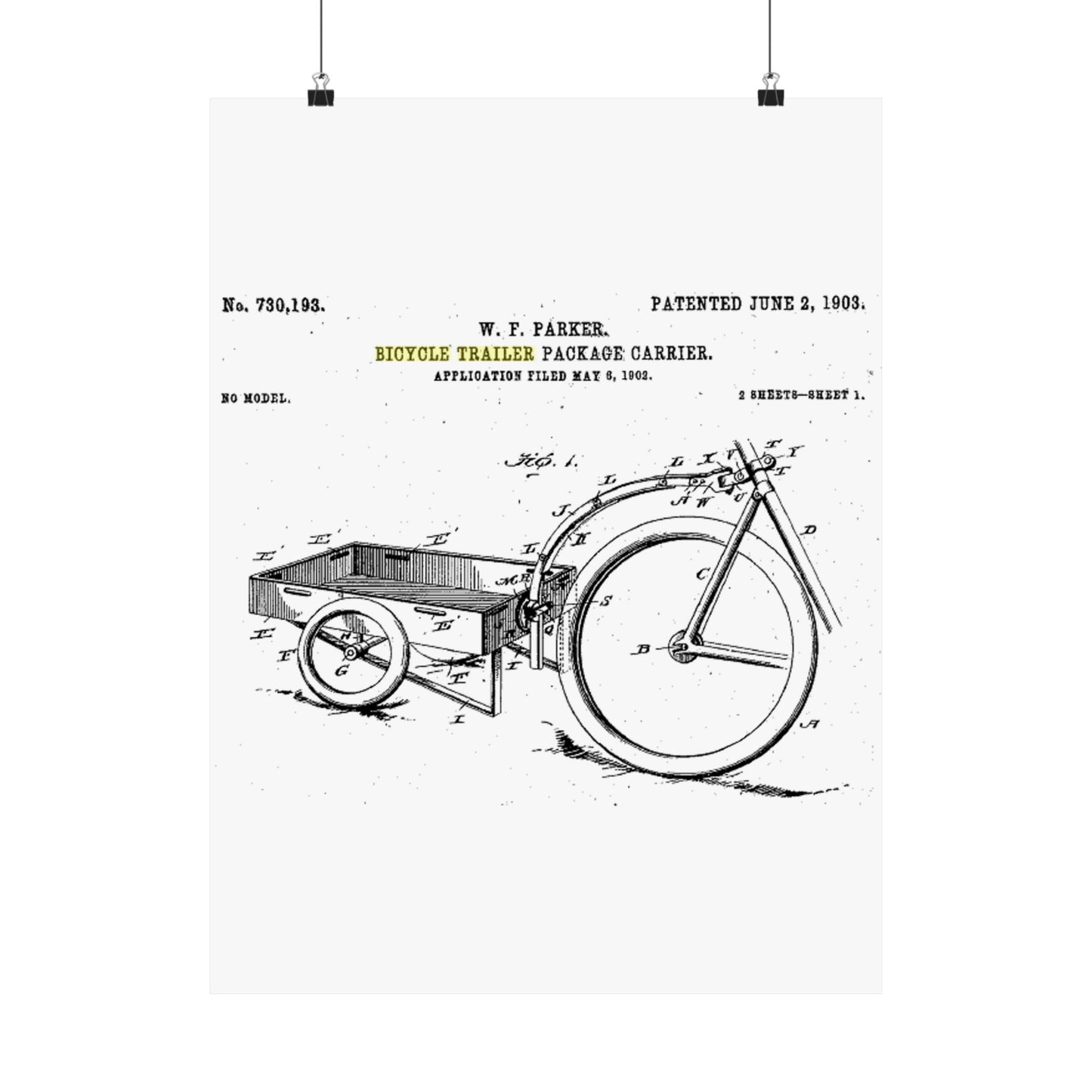 Patent Drawing of Engine - Bicycle Trailer Patent (1903) Public domain image High Quality Matte Wall Art Poster for Home, Office, Classroom