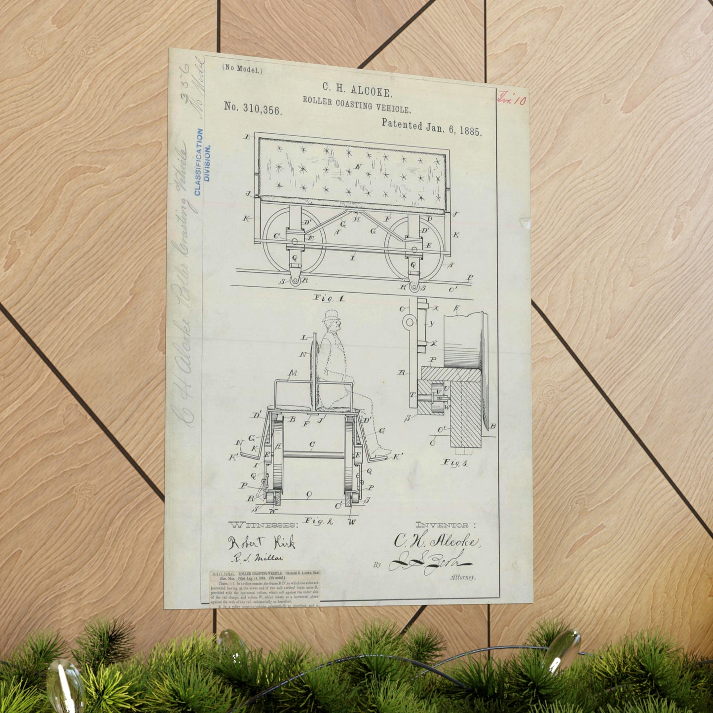 Patent Drawing of Engine - for C. H. Alcoke's Roller Coasting Vehicle Public domain image High Quality Matte Wall Art Poster for Home, Office, Classroom