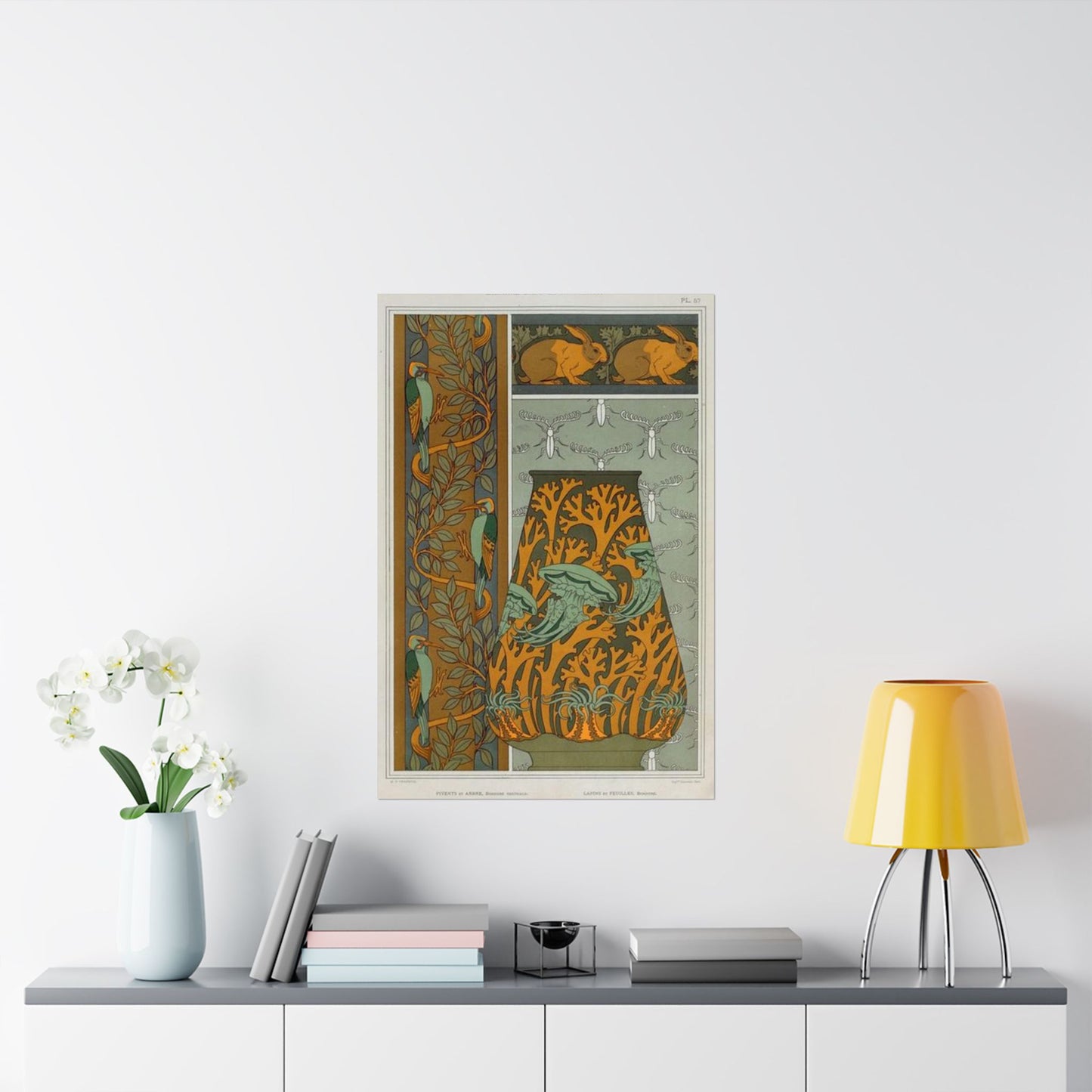 Piverts et arbre, bordure verticale. Lapins et feuilles, bordure. Méduses, anémones de mer et algues, vase. Insectes, jeu de fond. High Quality Matte Wall Art Poster for Home, Office, Classroom