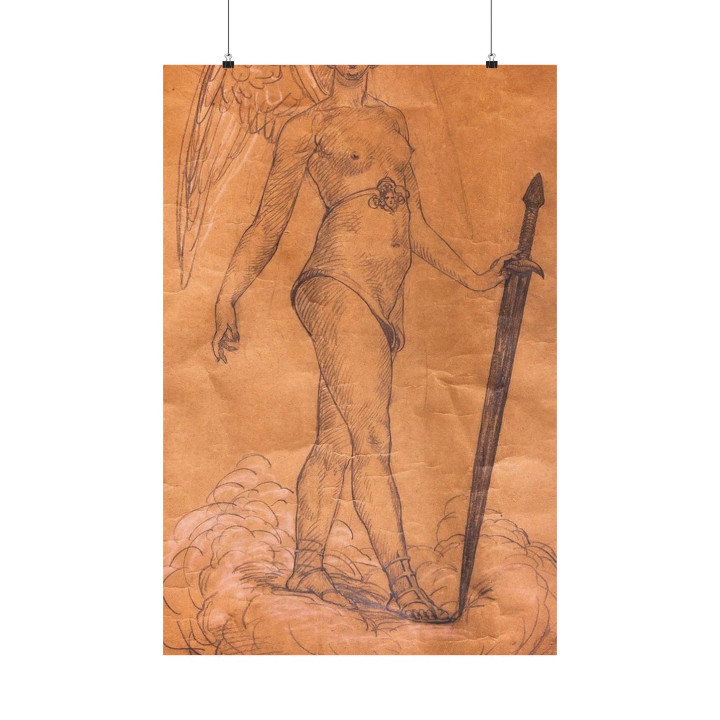 A drawing of an angel holding a sword. Woman breasts sword, beauty fashion. High Quality Matte Wall Art Poster for Home, Office, Classroom