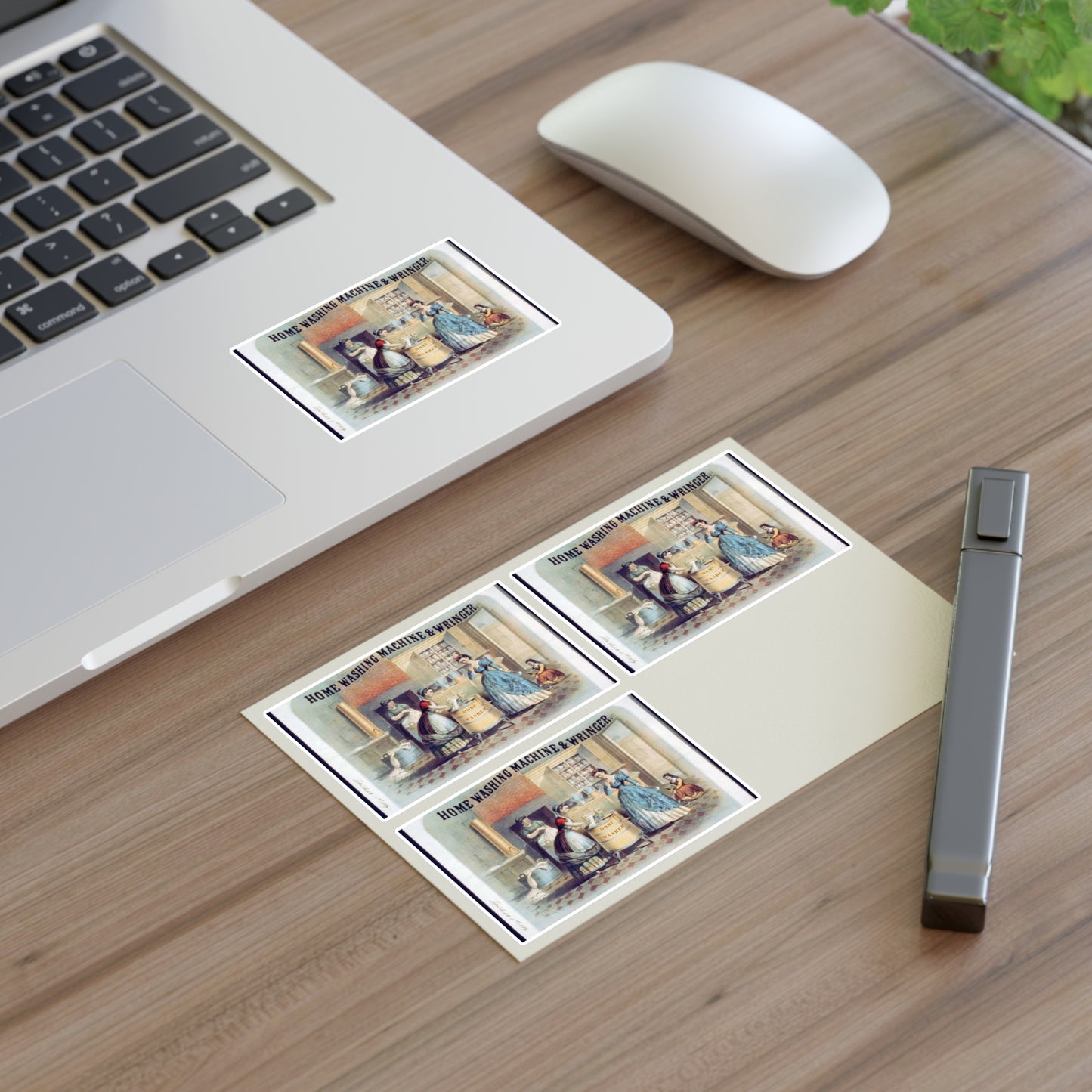 Home washing machine & wringer - A painting of women washing machines in a kitchen Laminated UV Protective Vinyl Stickers