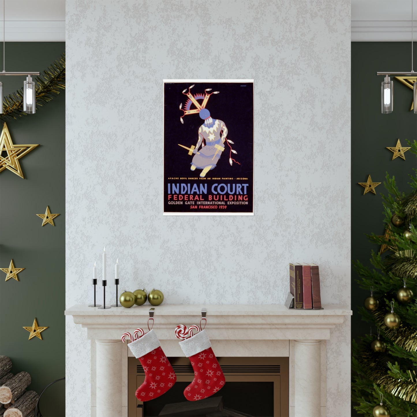 Indian court, Federal Building, Golden Gate International Exposition, San Francisco, 1939 Apache devil dancer from an Indian painting, Arizona / / Siegriest. High Quality Matte Wall Art Poster for Home, Office, Classroom