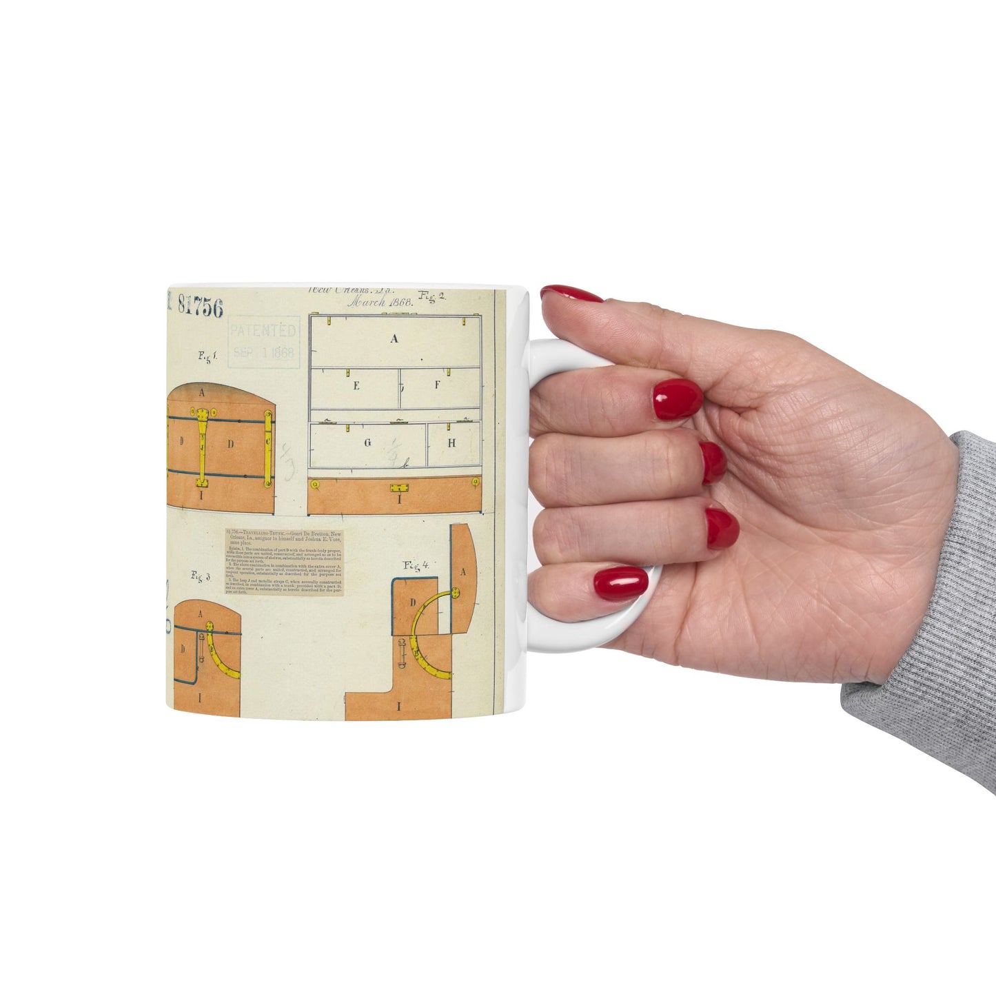 Patent drawing - Drawing of an Improved Traveling Trunk Public domain image Beautiful Novelty Ceramic Coffee Mug 11oz