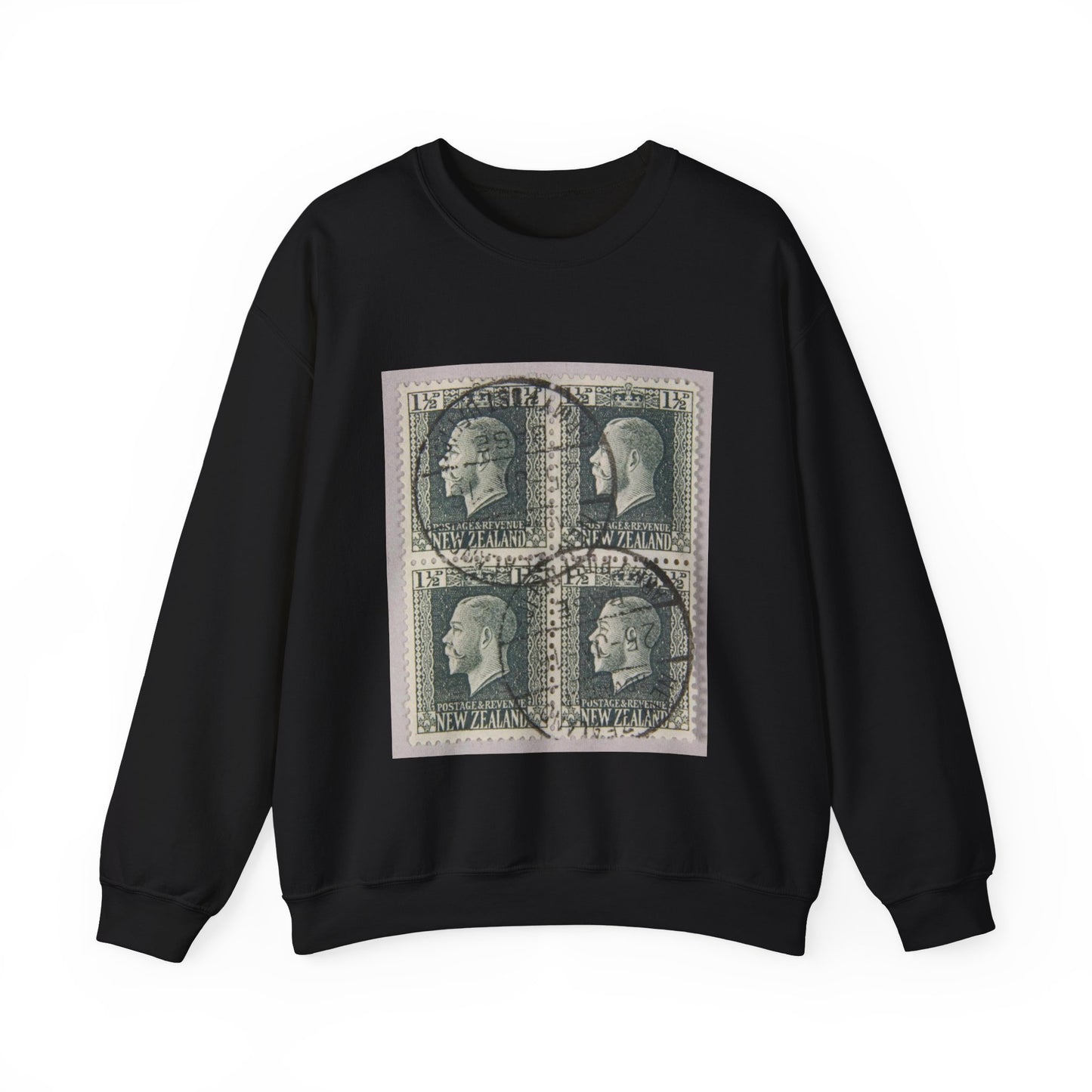 Block of one and a half penny 'King George V' definitive stamps in grey slate Black Heavy Blend Adult Crew Neck SweatShirt