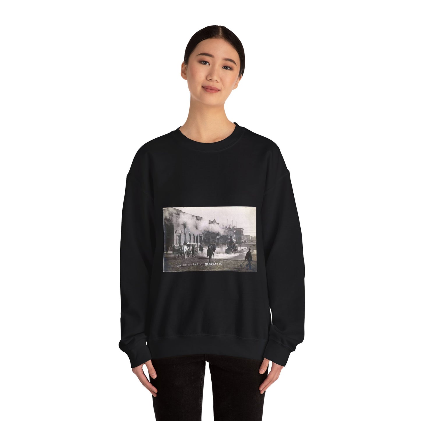 Laying Asphalt, all workers and equipment in view (NBY 10449) Black Heavy Blend Adult Crew Neck SweatShirt