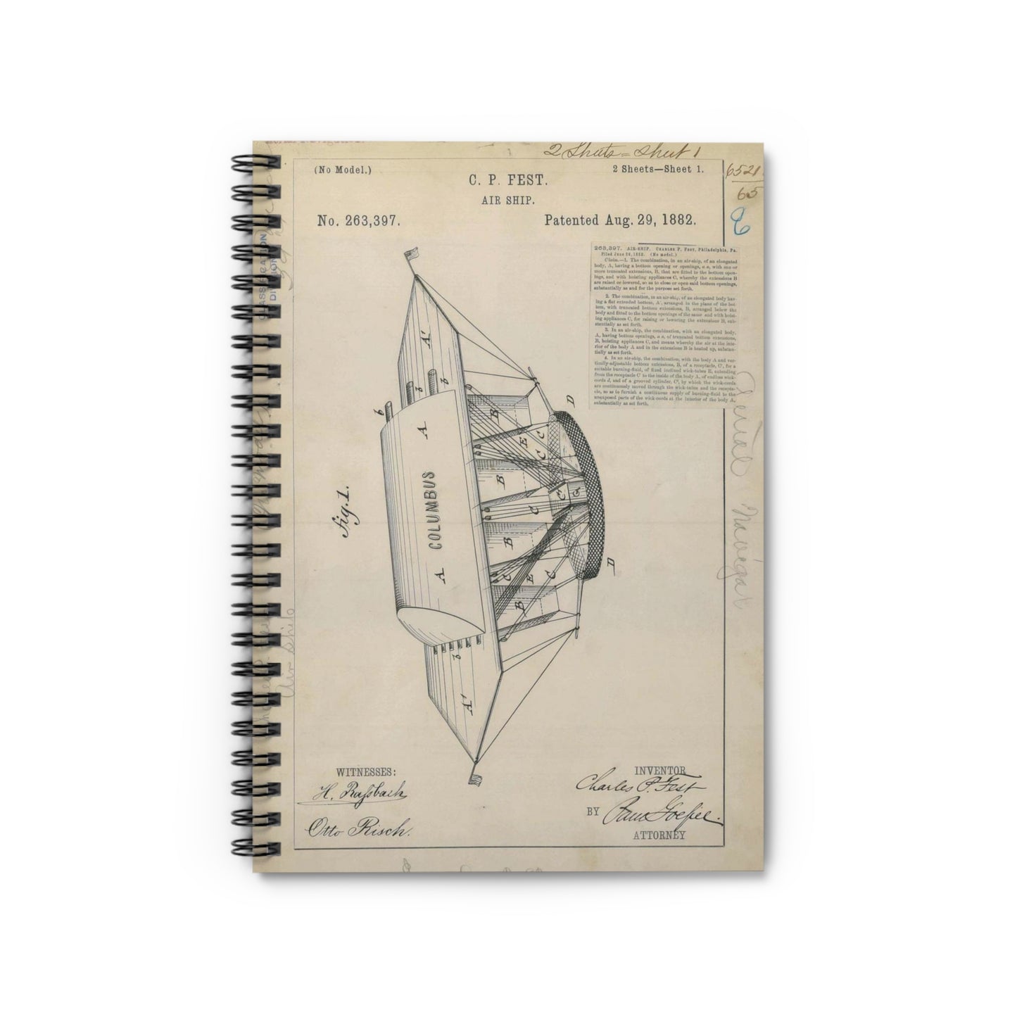 Patent drawing - for C. P. Fest's Air Ship Public domain image Spiral Bound Ruled Notebook with Printed Cover