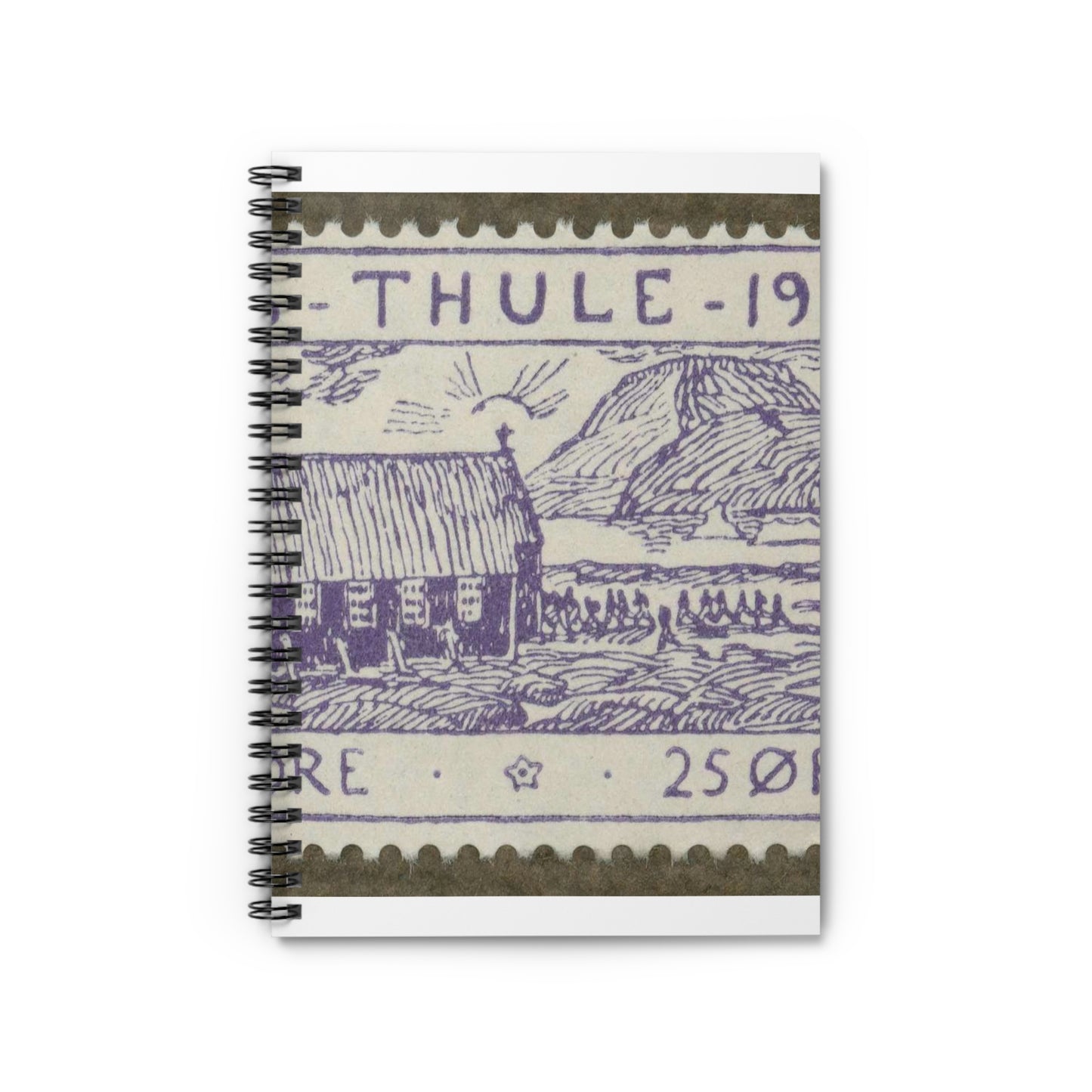Frimärke ur Gösta Bodmans filatelistiska motivsamling, påbörjad 1950.Motiv av byggnad i Thule-kolonien, Nordvästra Grönlamd, 1936. Spiral Bound Ruled Notebook with Printed Cover