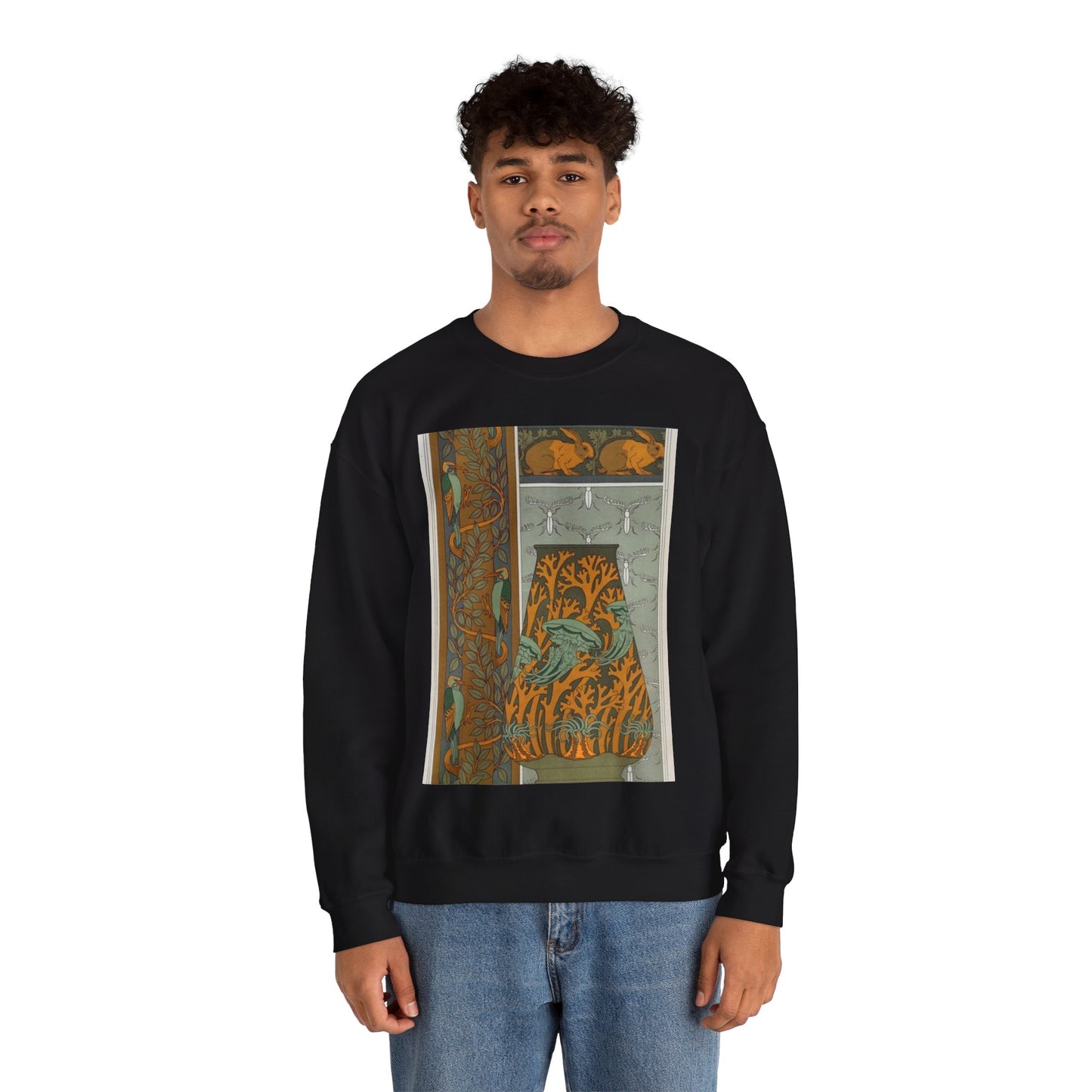 Piverts et arbre, bordure verticale. Lapins et feuilles, bordure. Méduses, anémones de mer et algues, vase. Insectes, jeu de fond. Black Heavy Blend Adult Crew Neck SweatShirt