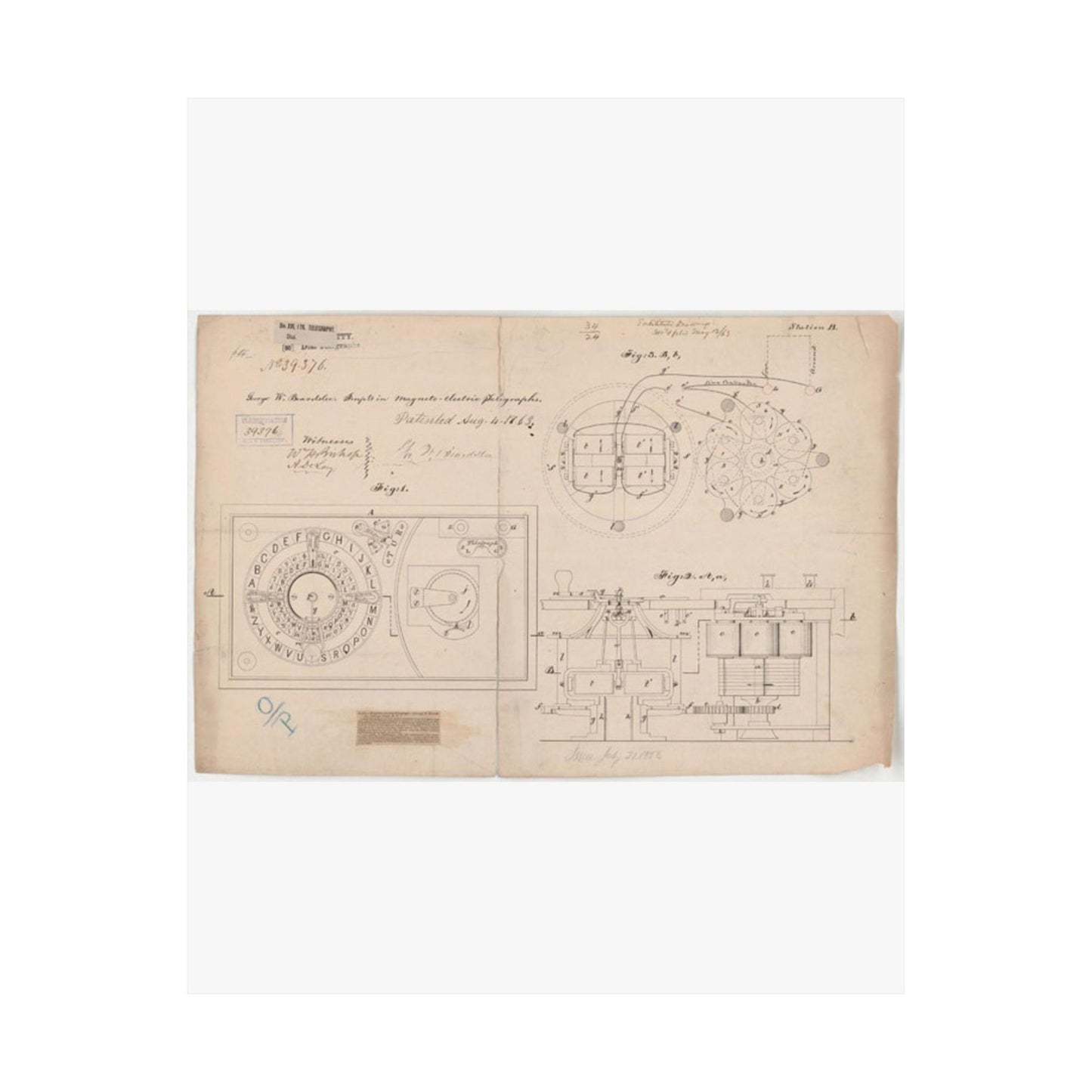 Patent drawing - Drawing of Improvements in Magneto-electric Telegraphs Public domain image High Quality Matte Wall Art Poster for Home, Office, Classroom