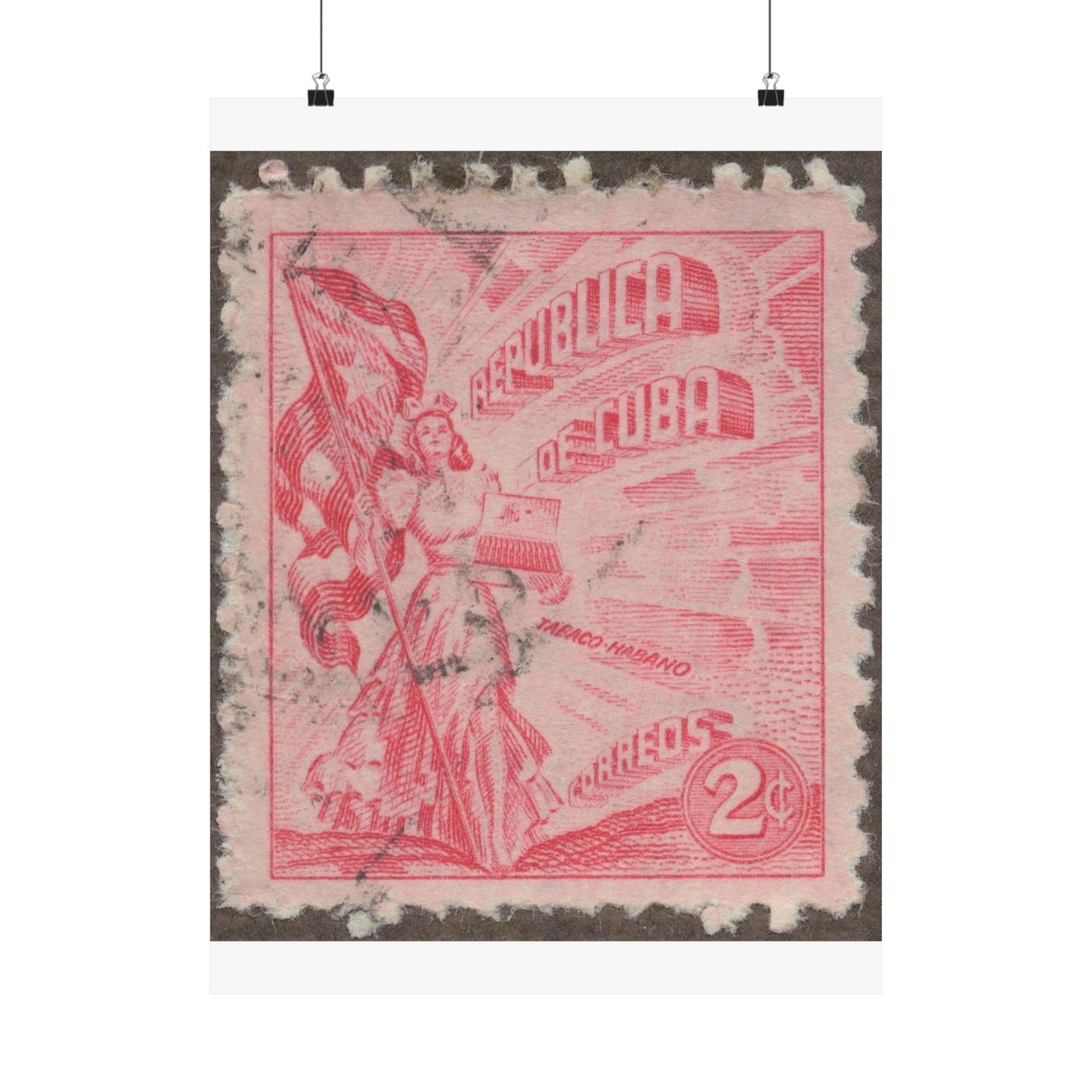 Frimärke ur Gösta Bodmans filatelistiska motivsamling, påbörjad 1950.Frimärke från Cuba, 1948. Motiv av kvinnosymbol för friheten med cigrarrlåda och flagga. High Quality Matte Wall Art Poster for Home, Office, Classroom