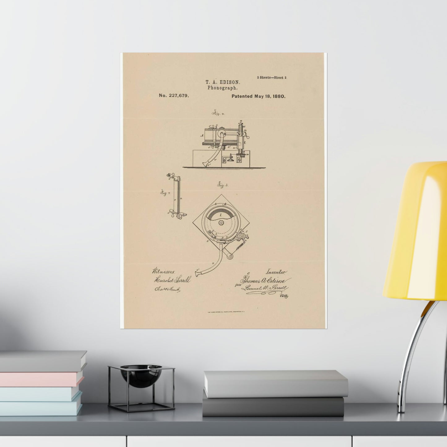 Patent Drawing of Engine - Drawing for a Phonograph Public domain image High Quality Matte Wall Art Poster for Home, Office, Classroom