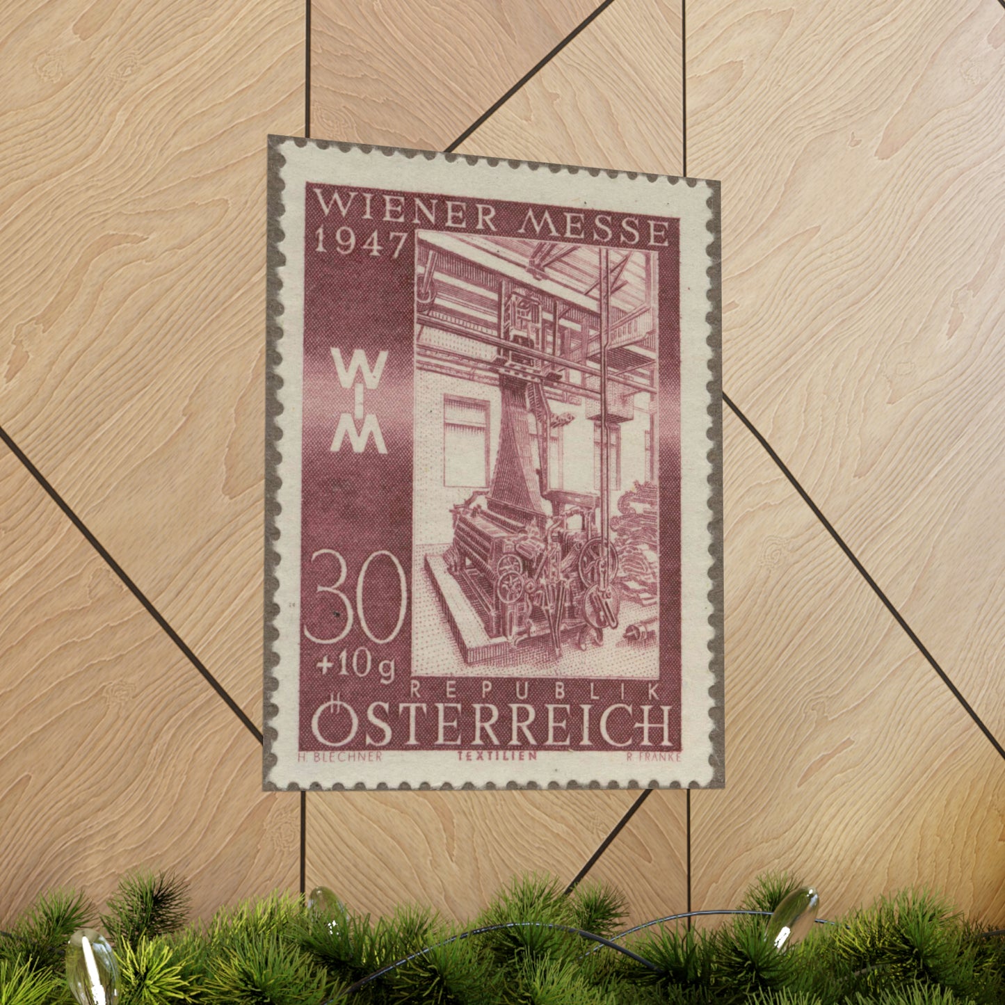 Frimärke ur Gösta Bodmans filatelistiska motivsamling, påbörjad 1950.Frimärke från Österrike, 1947. Motiv av jacquardvävstol i Österrike 1947. "Wienermässan 1947" High Quality Matte Wall Art Poster for Home, Office, Classroom