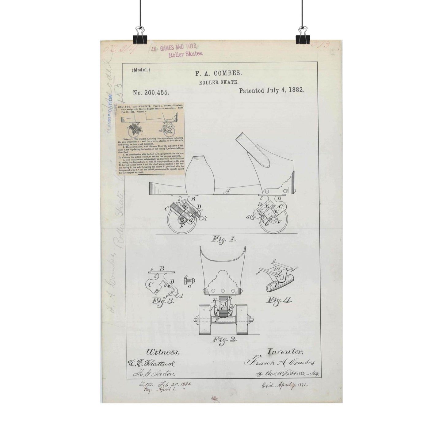 Patent drawing - for F. A. Combes' Roller Skate Public domain image High Quality Matte Wall Art Poster for Home, Office, Classroom