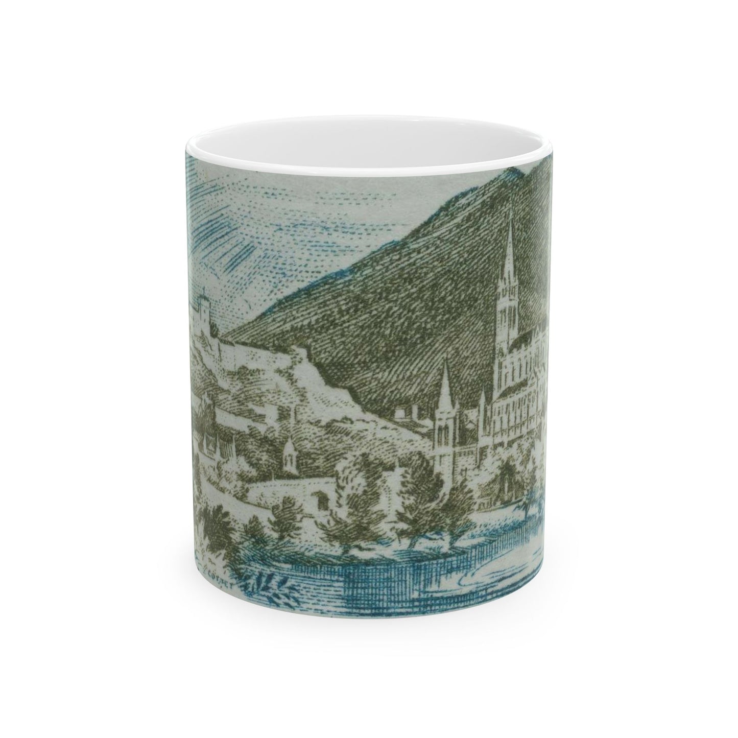Frimärke ur Gösta Bodmans filatelistiska motivsamling, påbörjad 1950.Frimärke från Frankrike, 1954. Motiv av kyrkan vid Lourdes. "Undergörande vatten". Beautiful Novelty Ceramic Coffee Mug 11oz
