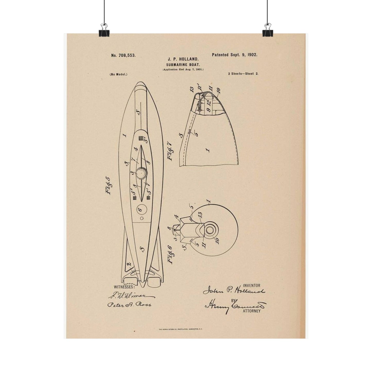 Patent drawing - Drawing for a Submarine Boat Public domain image High Quality Matte Wall Art Poster for Home, Office, Classroom