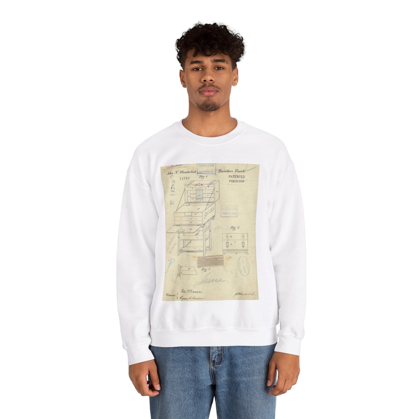 Patent Drawing of Engine - Drawing of a Travelers Trunk Public domain image White Heavy Blend Adult Crew Neck SweatShirt