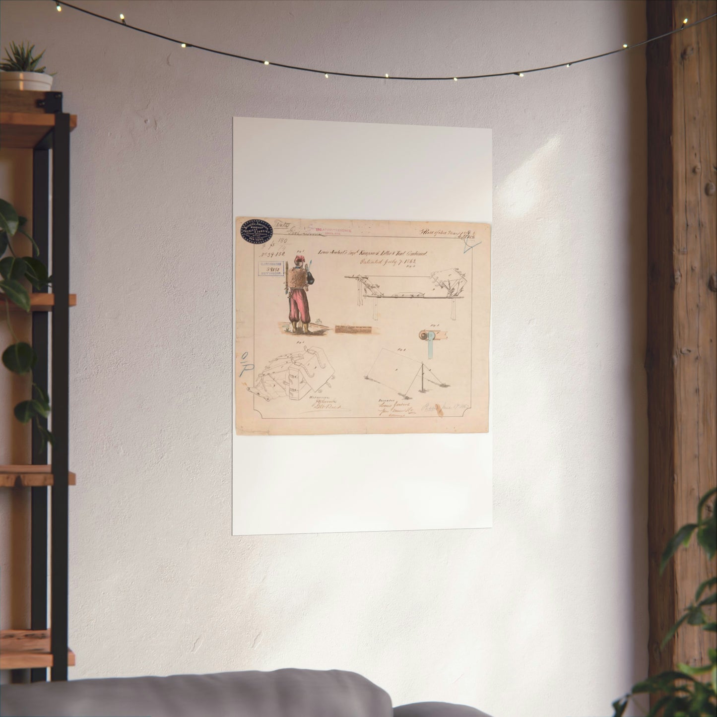 Patent drawing - Drawing of Improved Knapsack, Litter and Tent Combined Public domain image High Quality Matte Wall Art Poster for Home, Office, Classroom