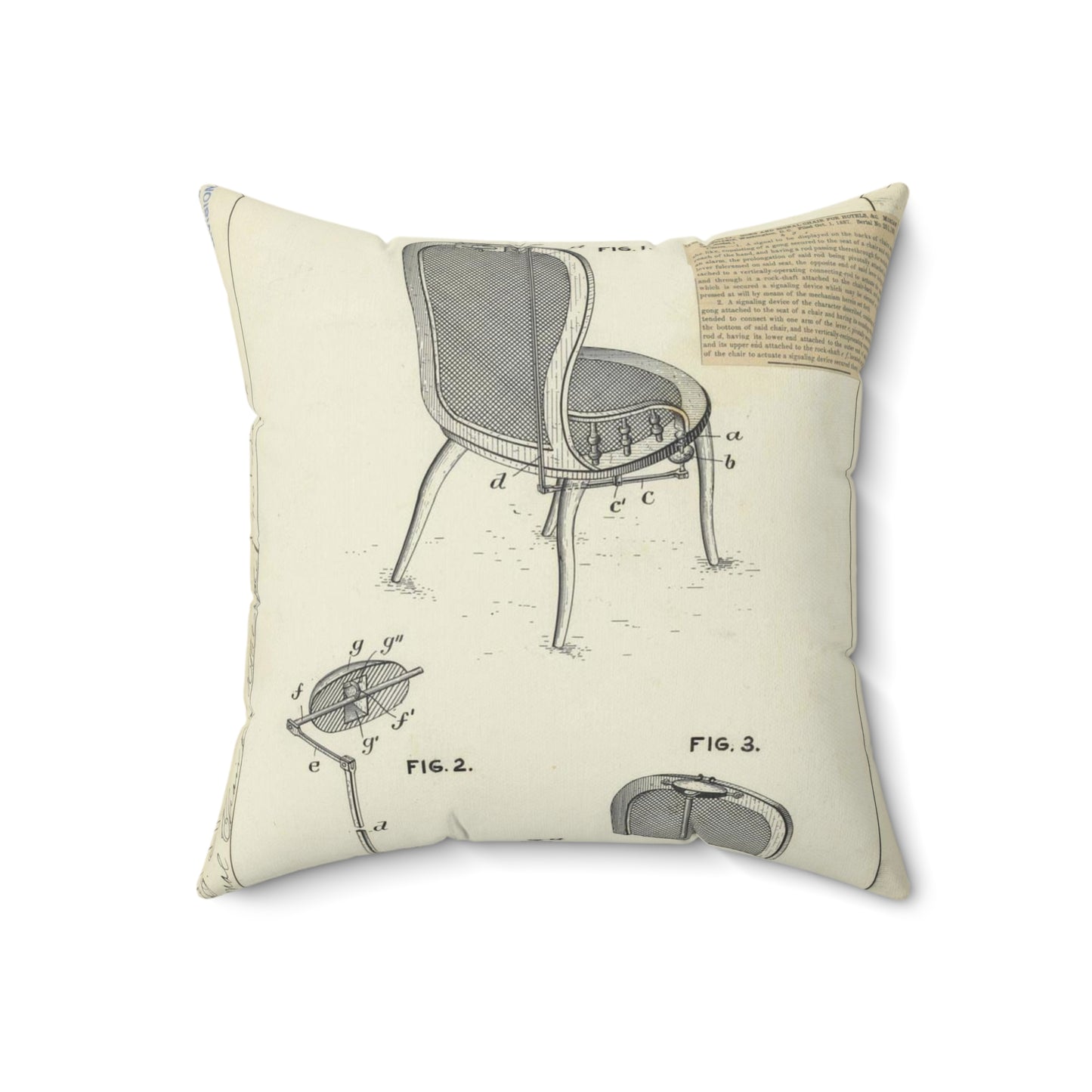 Patent drawing - for M. E. Benjamin's Gong and Signal Chair for Hotels Public domain image Decorative Accent Square Pillow