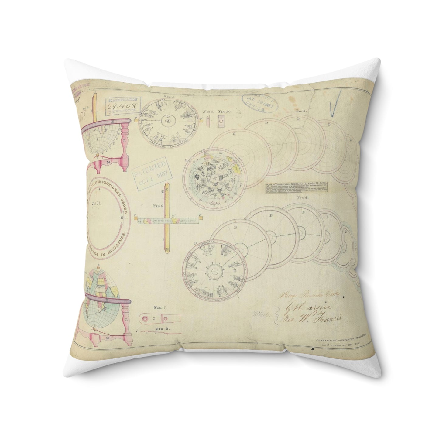 Patent drawing - Drawing of a Terrestrial Globe Public domain image Decorative Accent Square Pillow