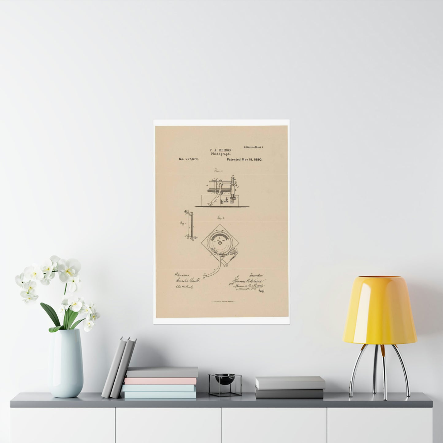 Patent Drawing of Engine - Drawing for a Phonograph Public domain image High Quality Matte Wall Art Poster for Home, Office, Classroom