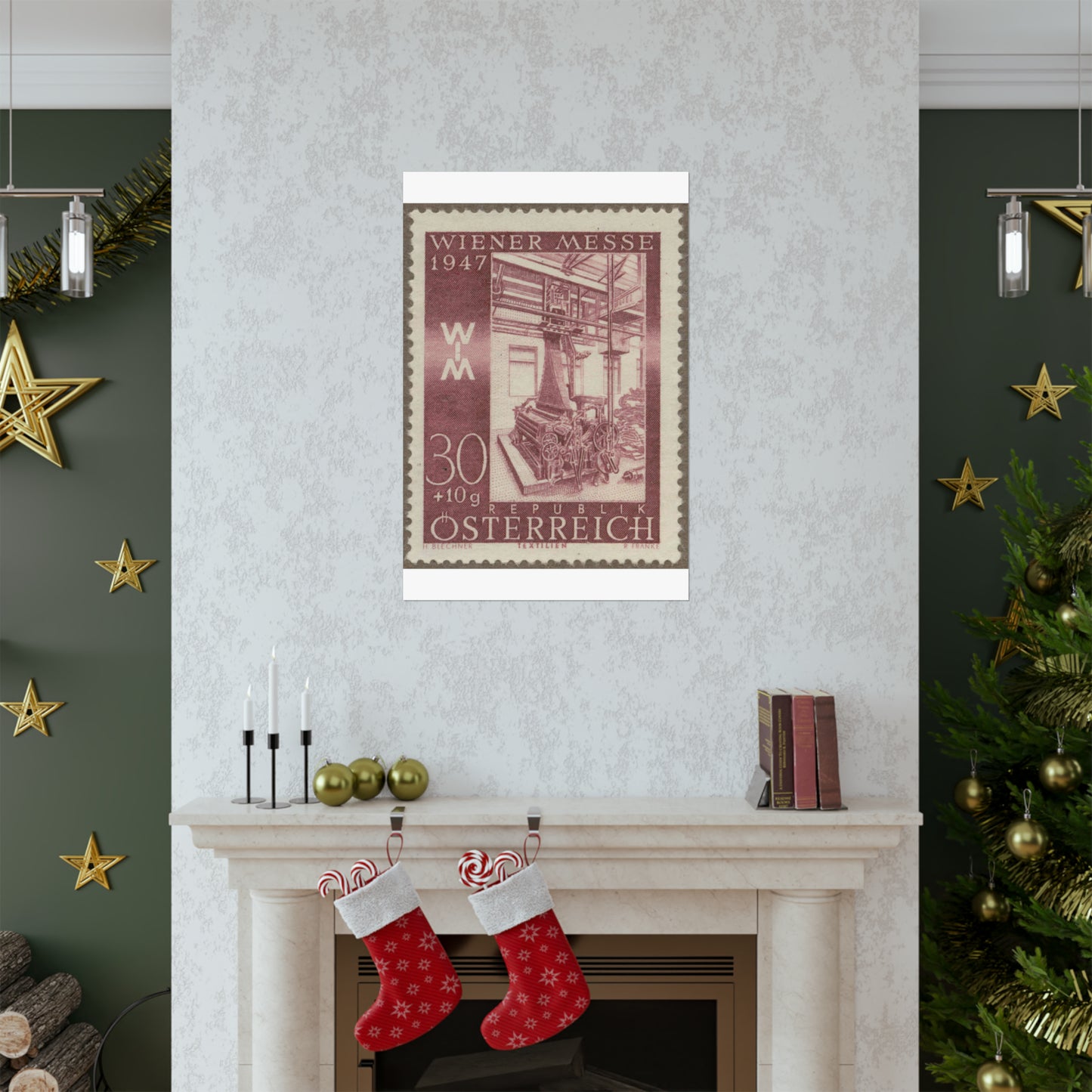 Frimärke ur Gösta Bodmans filatelistiska motivsamling, påbörjad 1950.Frimärke från Österrike, 1947. Motiv av jacquardvävstol i Österrike 1947. "Wienermässan 1947" High Quality Matte Wall Art Poster for Home, Office, Classroom