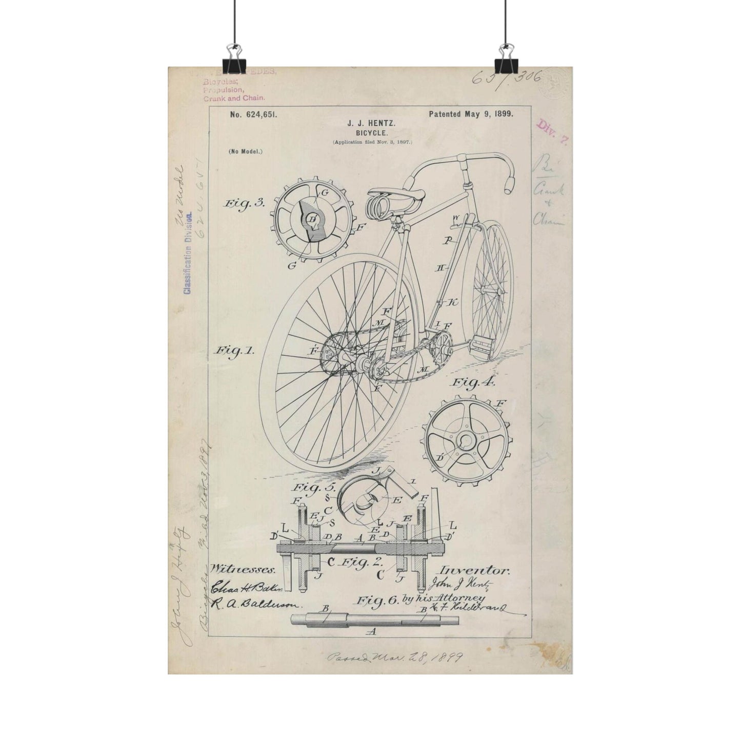 Patent drawing - for J. J. Hentz' Bicycle Public domain image High Quality Matte Wall Art Poster for Home, Office, Classroom