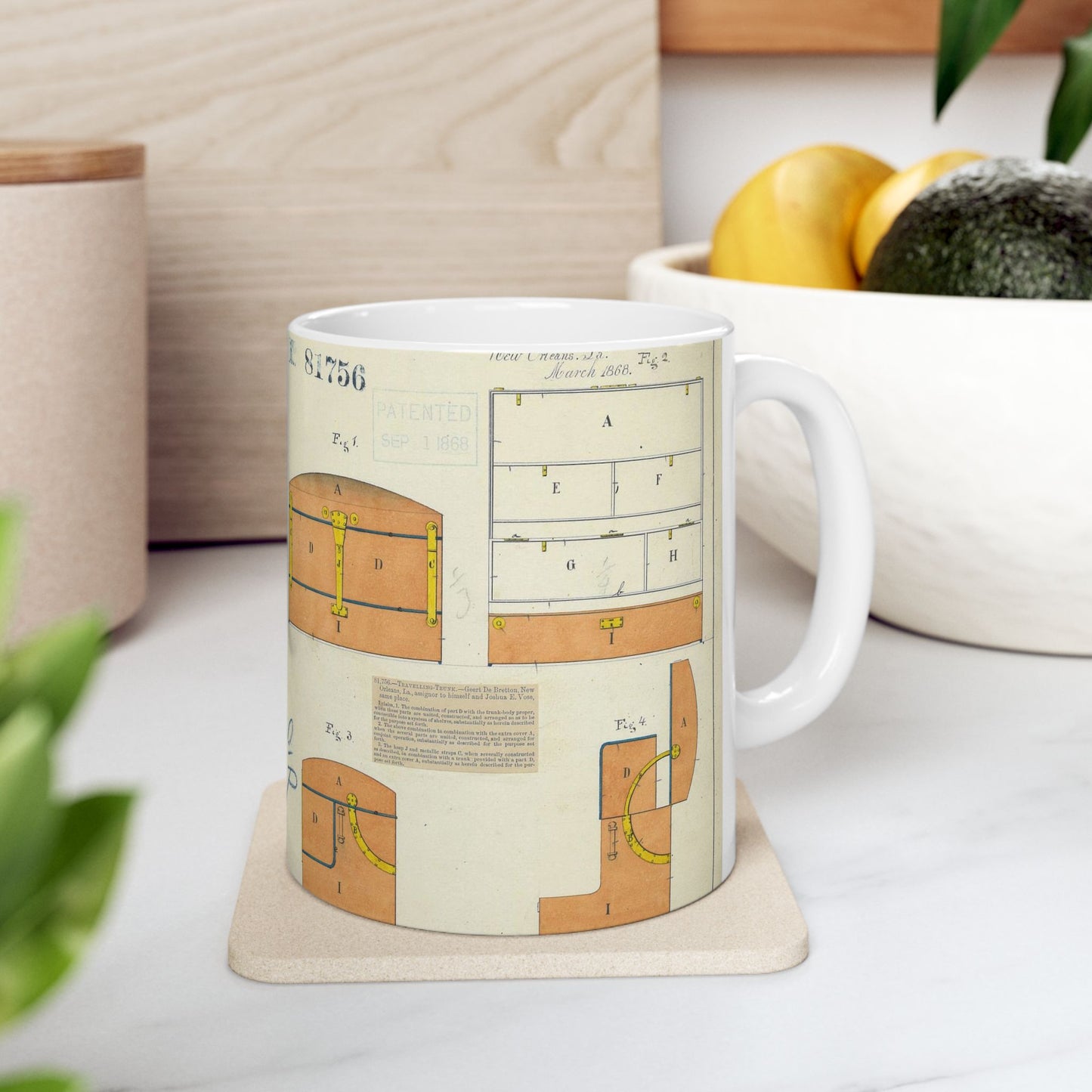 Patent drawing - Drawing of an Improved Traveling Trunk Public domain image Beautiful Novelty Ceramic Coffee Mug 11oz