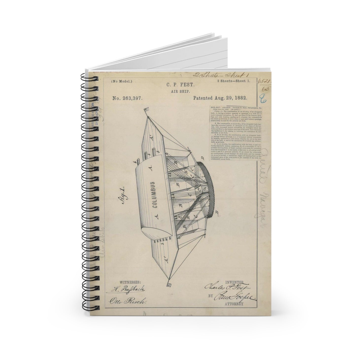 Patent drawing - for C. P. Fest's Air Ship Public domain image Spiral Bound Ruled Notebook with Printed Cover