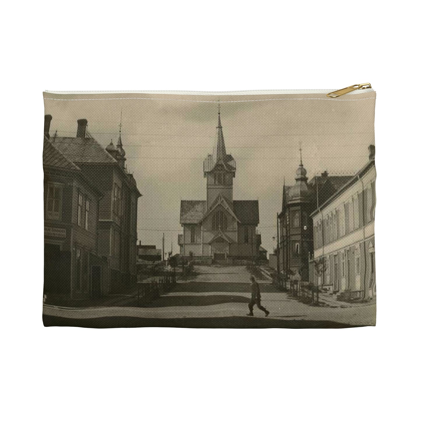 Kirkegata i Hammerfest før ødeleggelsene under andre verdenskrig. Blikket er rettet oppover bakken, mot kirka. En person kryssen veien. Large Organizer Pouch with Black Zipper