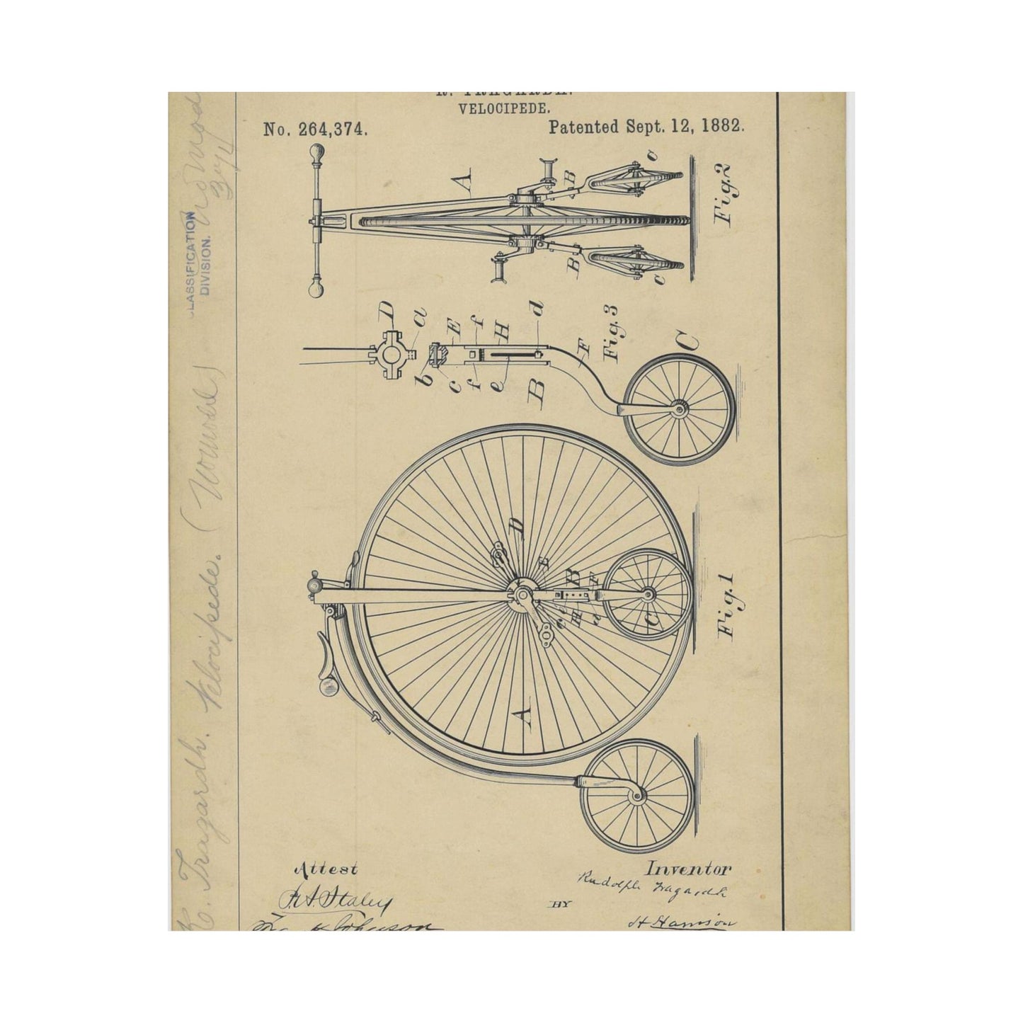 Patent drawing - Drawing of a Velocipede Public domain image High Quality Matte Wall Art Poster for Home, Office, Classroom