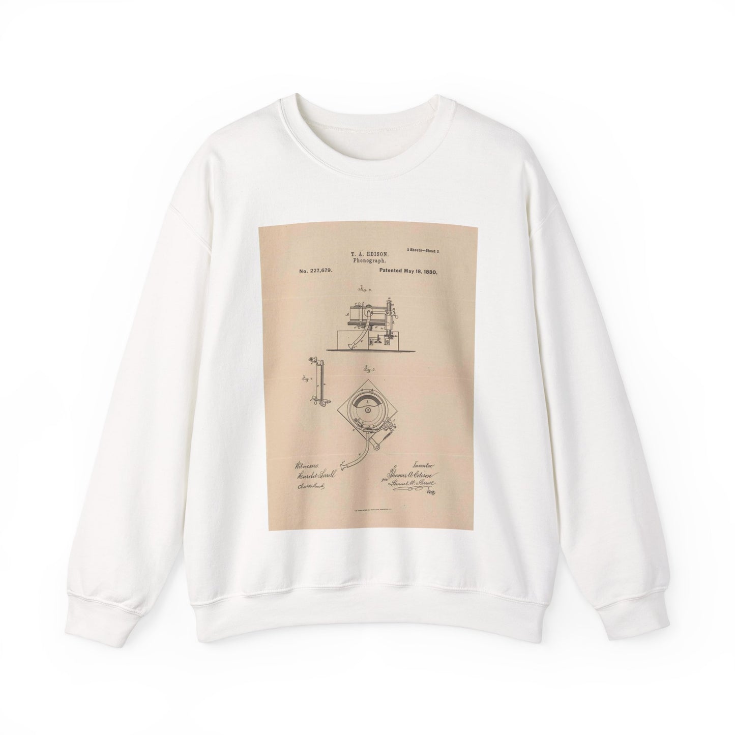 Patent Drawing of Engine - Drawing for a Phonograph Public domain image White Heavy Blend Adult Crew Neck SweatShirt