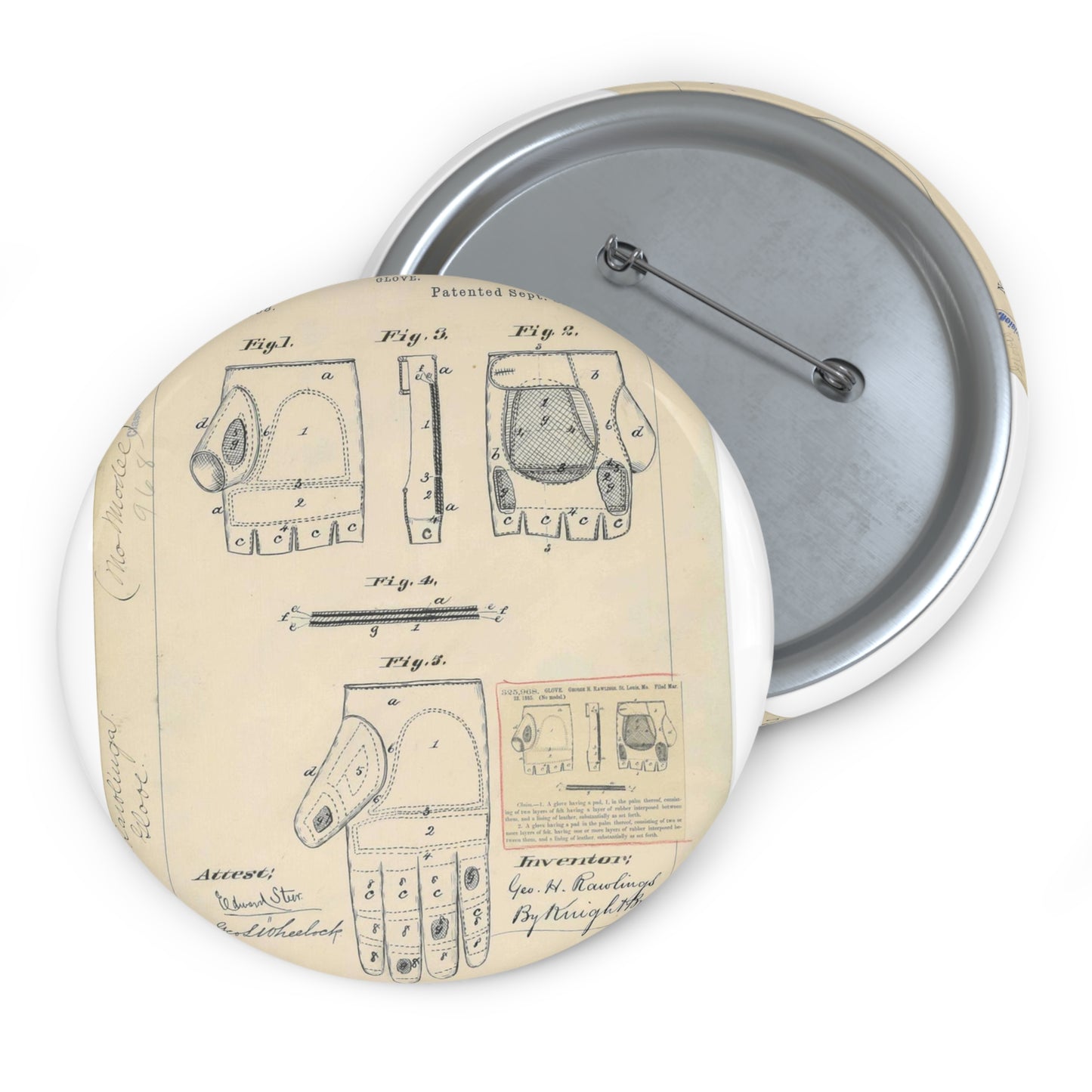 Patent drawing - Drawing for a "Base Ball Glove" Public domain image Pin Buttons with Crisp Design