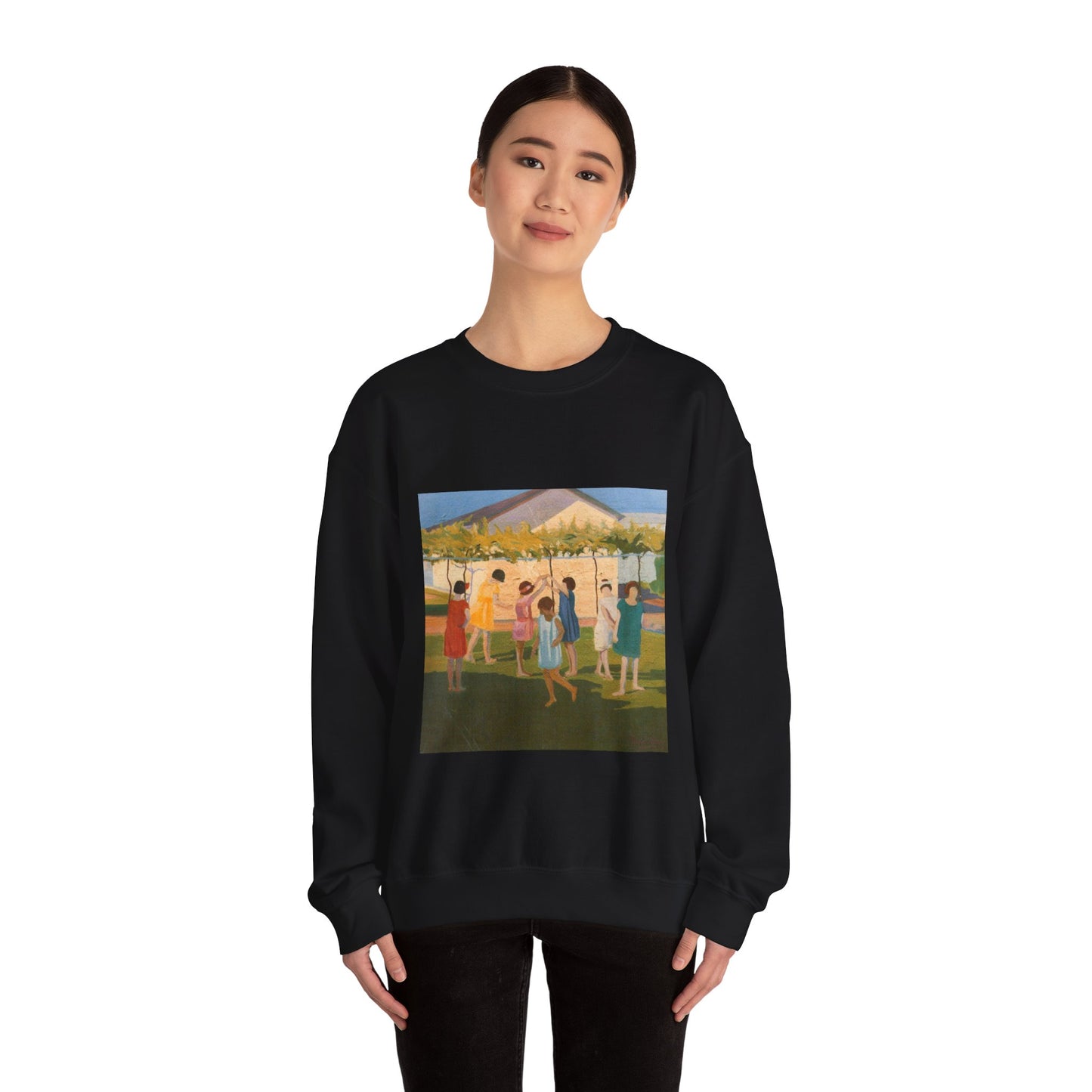 Petrona Viera - A painting of a group of children playing with a kite Black Heavy Blend Adult Crew Neck SweatShirt