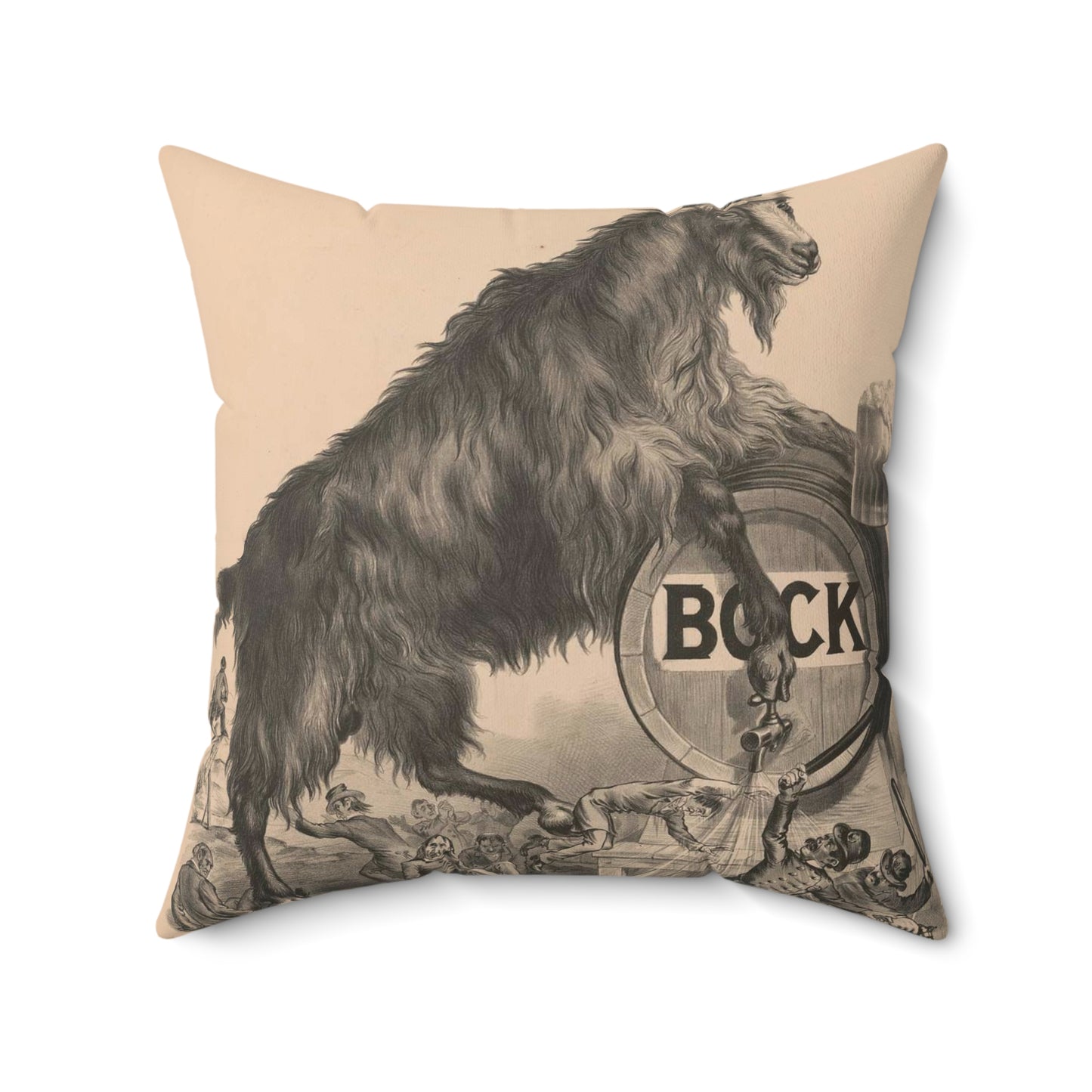 Giant bock goat resting on a keg, holding a mug of beer, men under the goat scrambling Decorative Accent Square Pillow