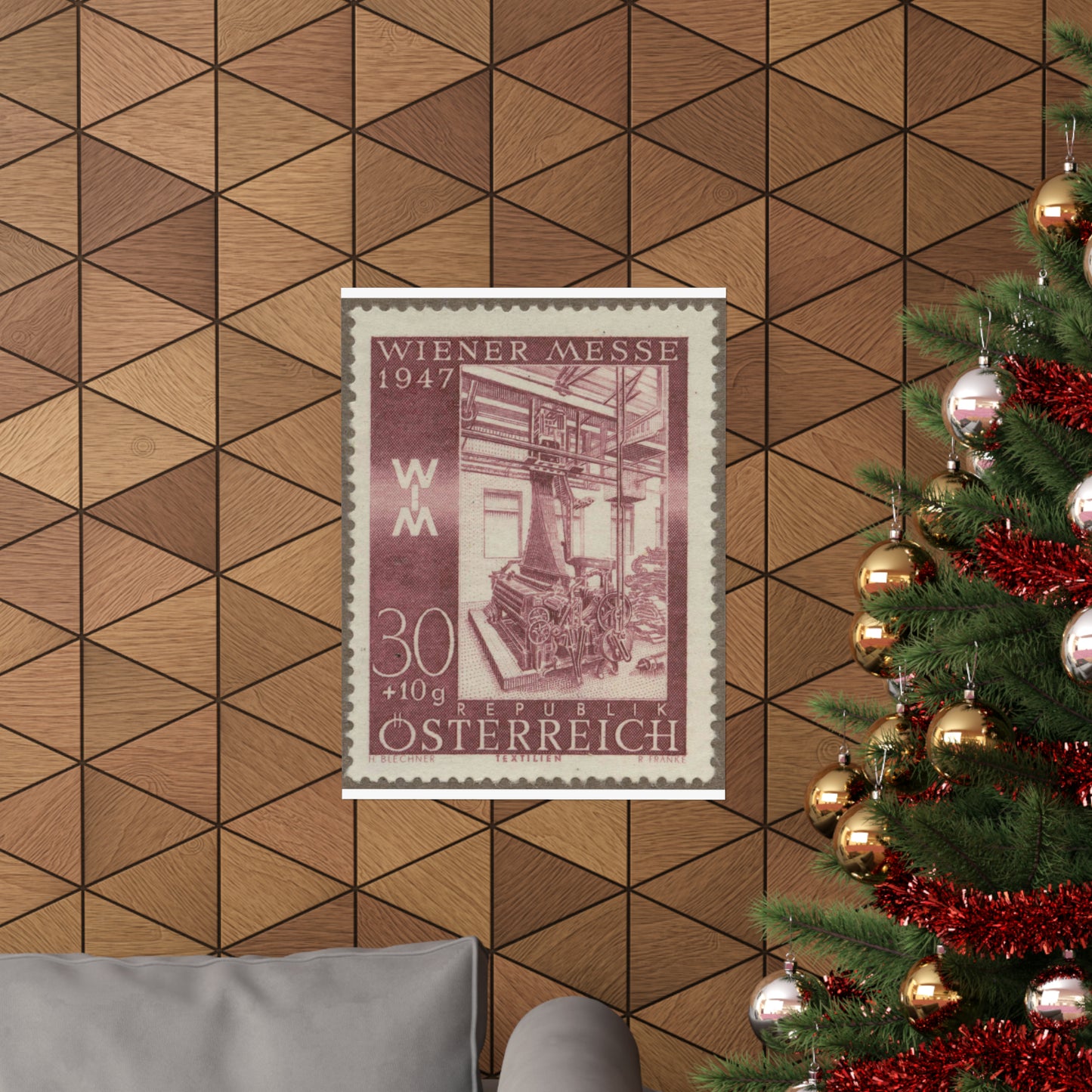 Frimärke ur Gösta Bodmans filatelistiska motivsamling, påbörjad 1950.Frimärke från Österrike, 1947. Motiv av jacquardvävstol i Österrike 1947. "Wienermässan 1947" High Quality Matte Wall Art Poster for Home, Office, Classroom