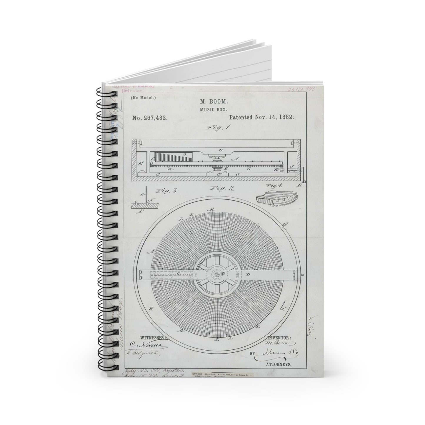 Patent Drawing of Engine - for M. Boom's Music Box Public domain image Spiral Bound Ruled Notebook with Printed Cover
