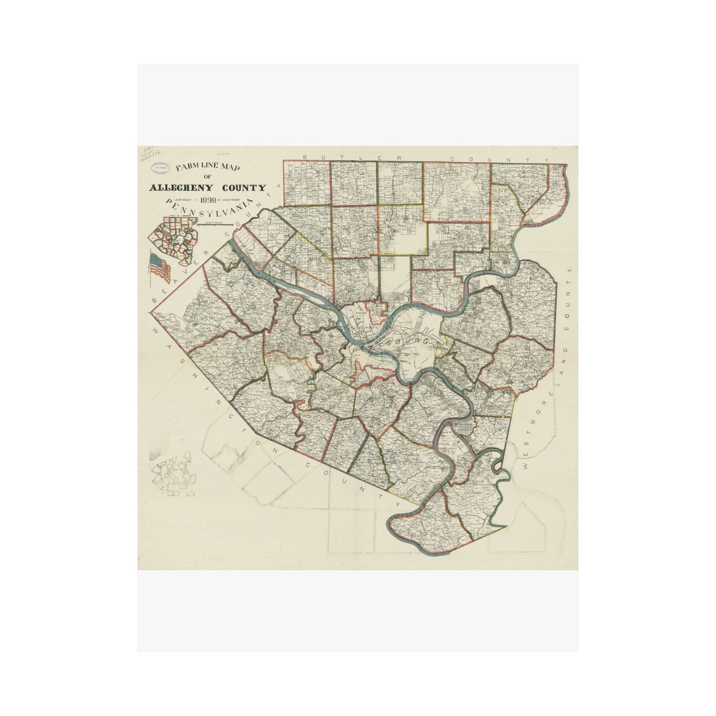 Farm line map of Allegheny County, Pennsylvania / High Quality Matte Wall Art Poster for Home, Office, Classroom