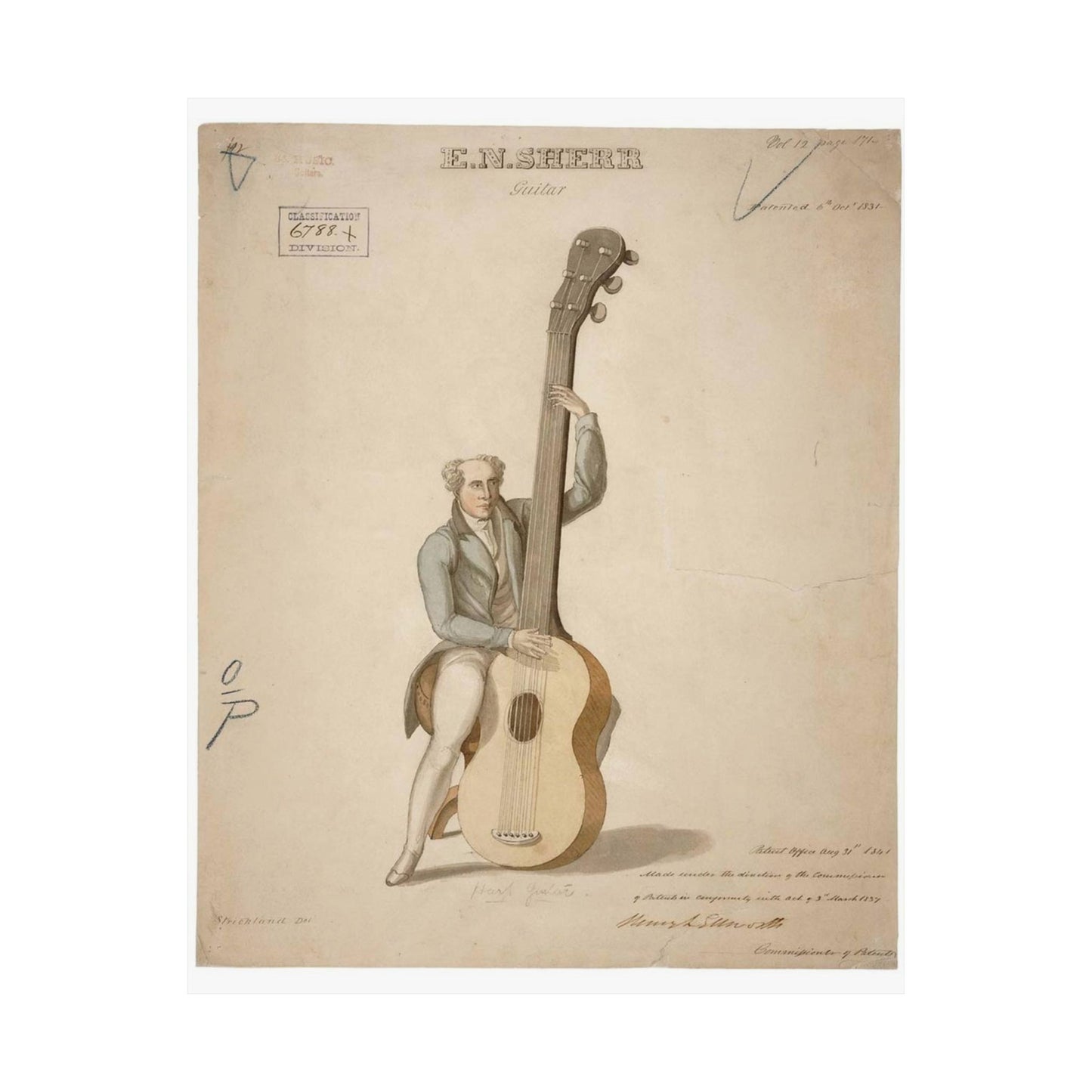 Patent drawing - Drawing of a Harp Guitar Public domain image High Quality Matte Wall Art Poster for Home, Office, Classroom