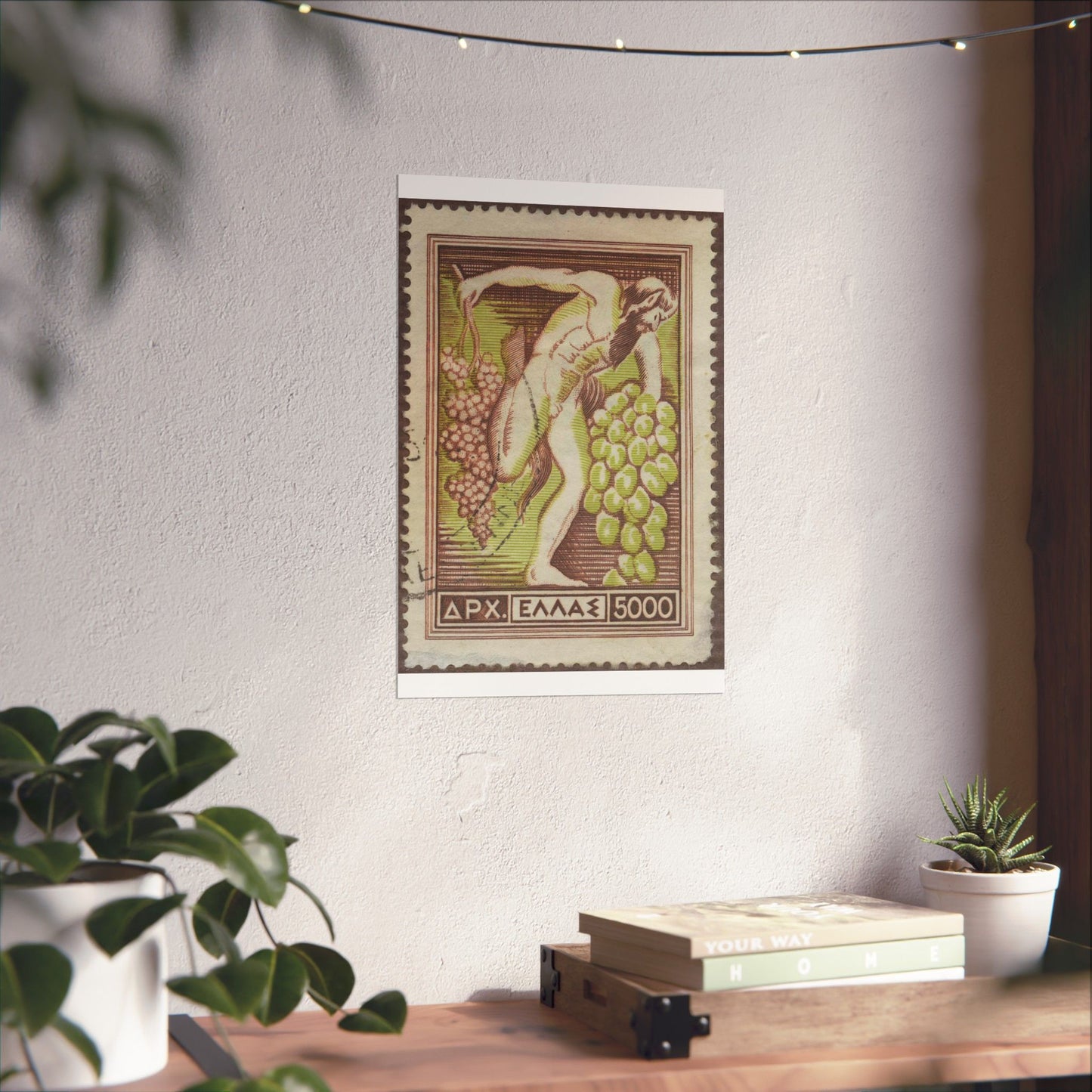 Frimärke ur Gösta Bodmans filatelistiska motivsamling, påbörjad 1950.Frimärke från Grekland, 1953. Motiv av Bacchus med vindruvsklasar. High Quality Matte Wall Art Poster for Home, Office, Classroom