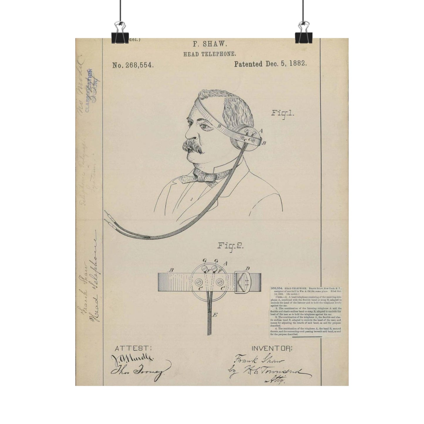 Patent drawing - for F. Shaw's Head Telephone Public domain image High Quality Matte Wall Art Poster for Home, Office, Classroom
