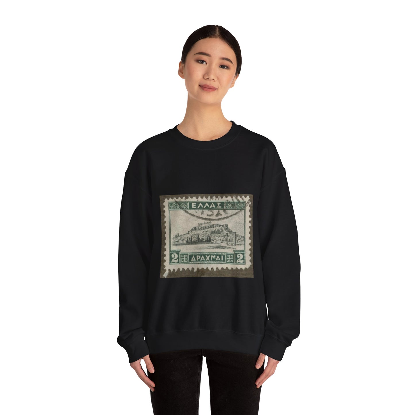 Frimärke ur Gösta Bodmans filatelistiska motivsamling, påbörjad 1950.Frimärke från Grekland, 1927. Motiv av Akropolis. Black Heavy Blend Adult Crew Neck SweatShirt