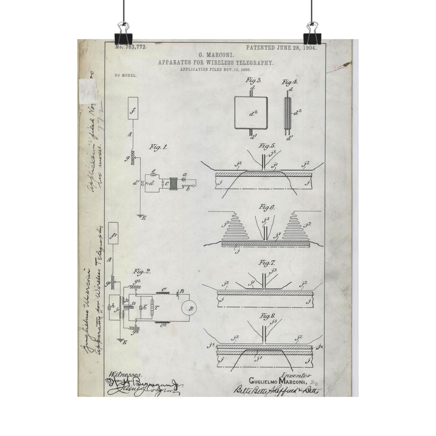 Patent drawing - for G. Marconi's Apparatus for Wireless Telegraphy Public domain image High Quality Matte Wall Art Poster for Home, Office, Classroom