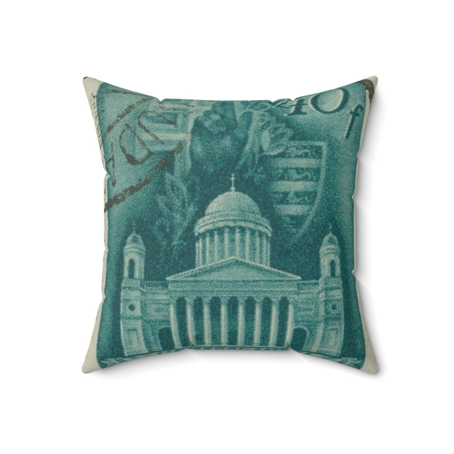 Frimärke ur Gösta Bodmans filatelistiska motivsamling, påbörjad 1950.Frimärke från Ungern, 1939. Motiv av Basilikan i Eszergom. Decorative Accent Square Pillow